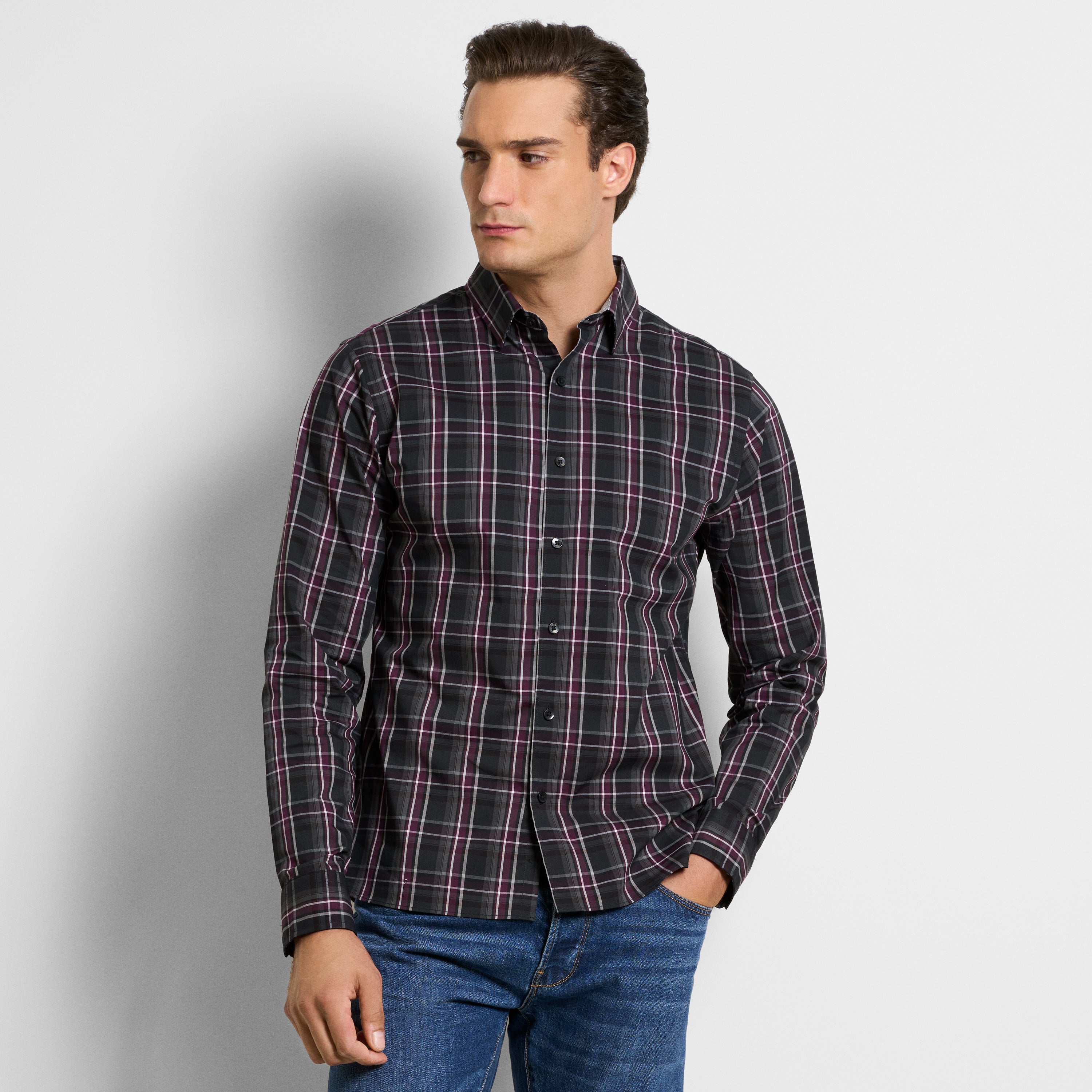 Cronbie Long Sleeve Stain Shield Shirt Dark Plaid Print - Slim Fit