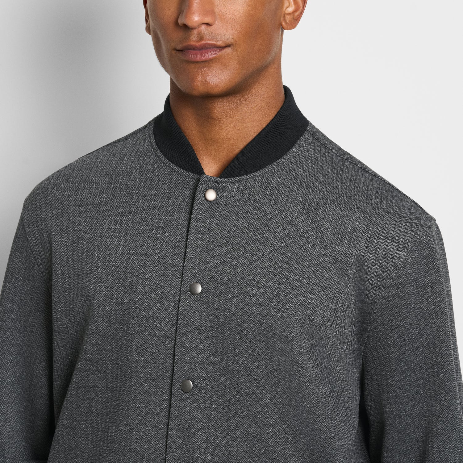 Herringbone Stretch Knit Snap Front Bomber Jacket