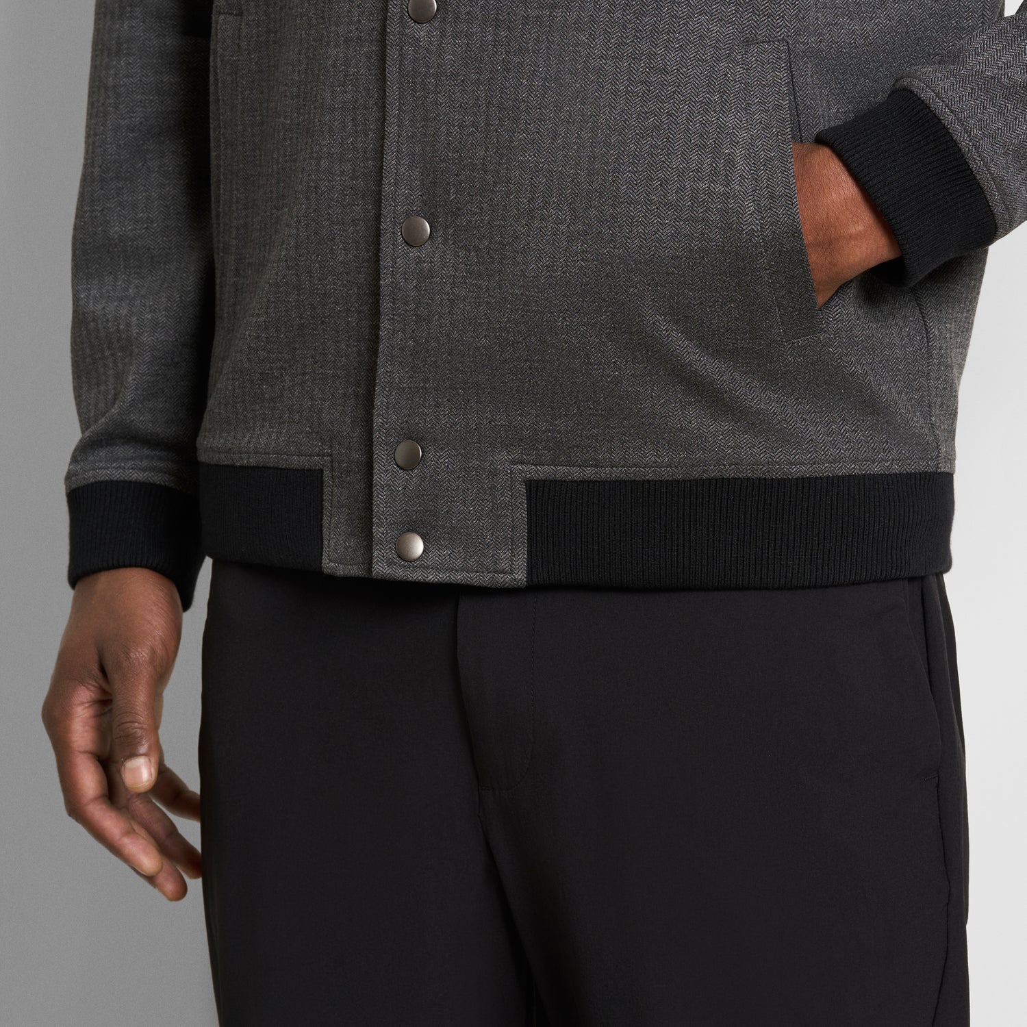 Herringbone Stretch Knit Snap Front Bomber Jacket