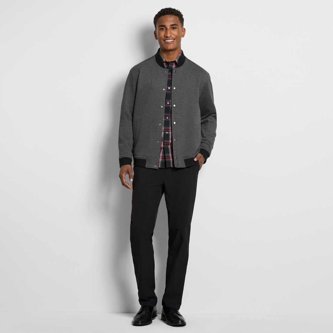 Herringbone Stretch Knit Snap Front Bomber Jacket