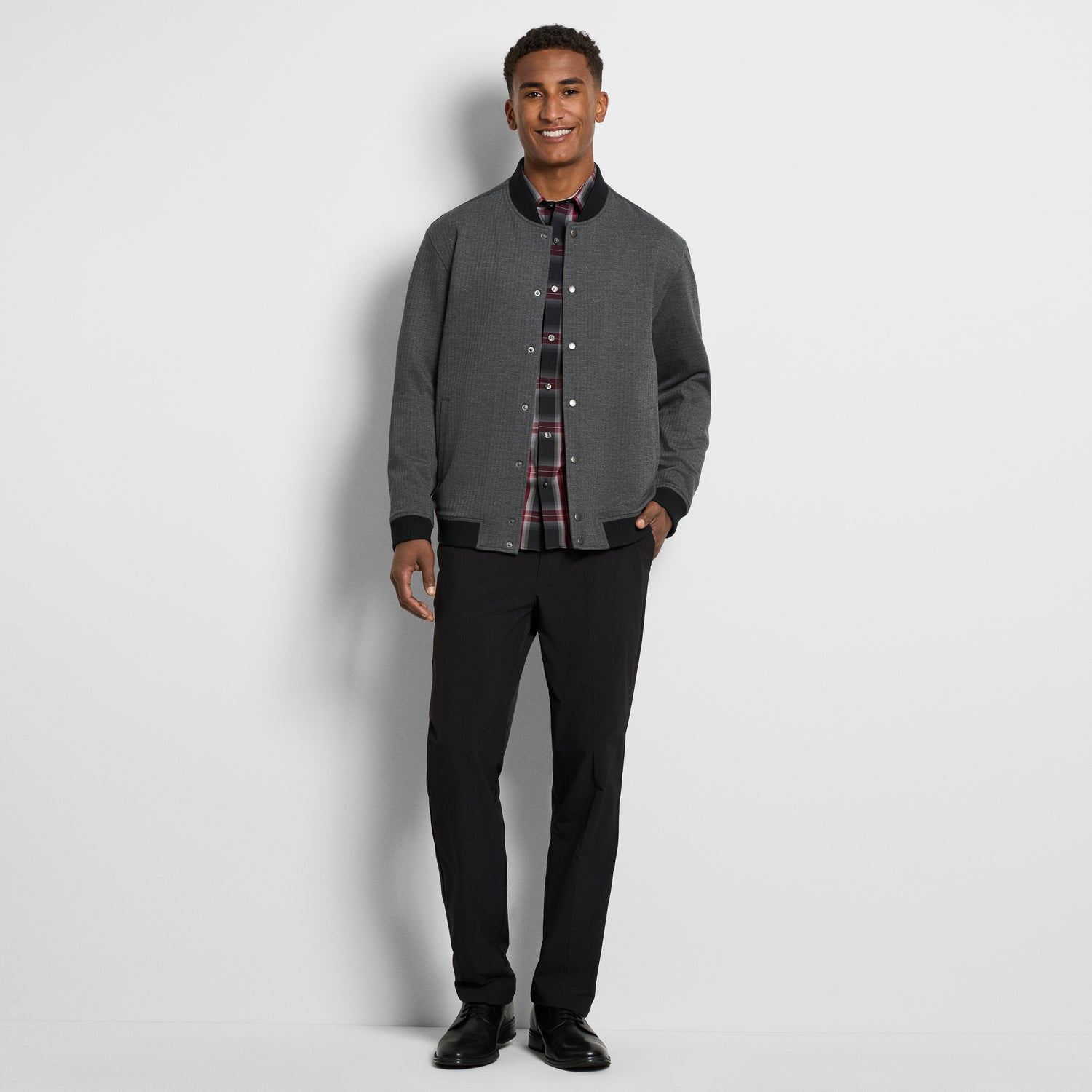 Herringbone Stretch Knit Snap Front Bomber Jacket