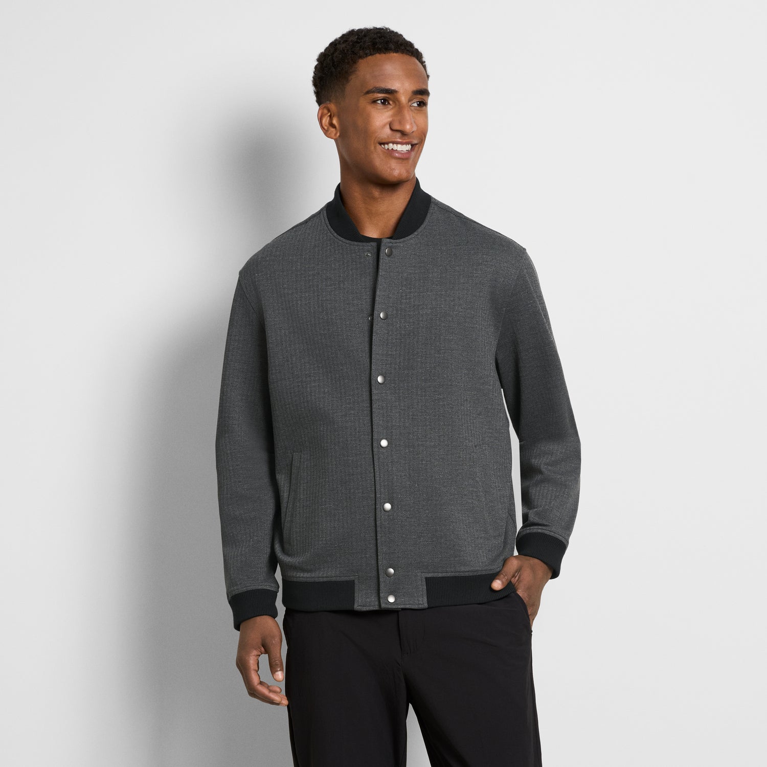 Herringbone Stretch Knit Snap Front Bomber Jacket