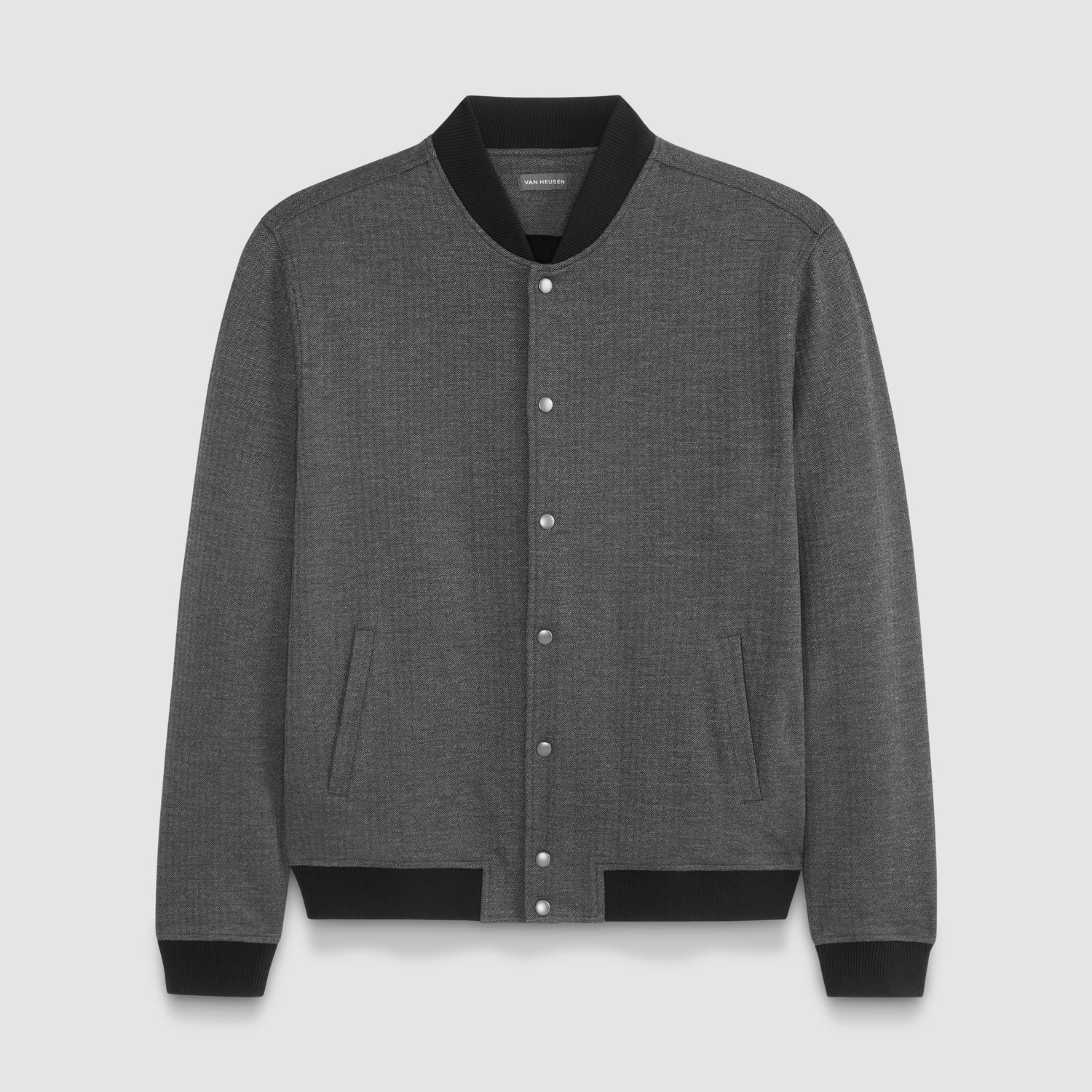 Herringbone Stretch Knit Snap Front Bomber Jacket