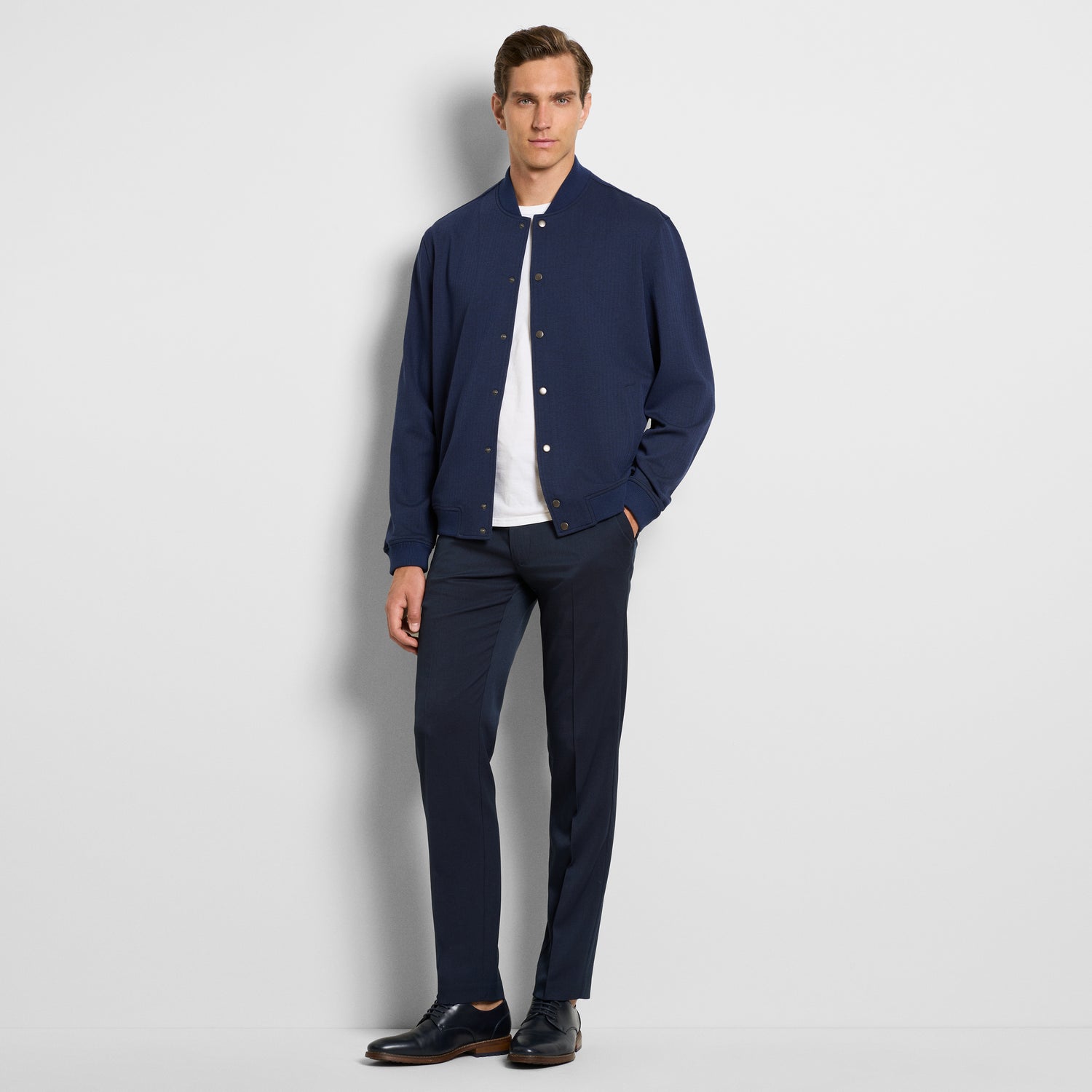 Herringbone Stretch Knit Snap Front Bomber Jacket