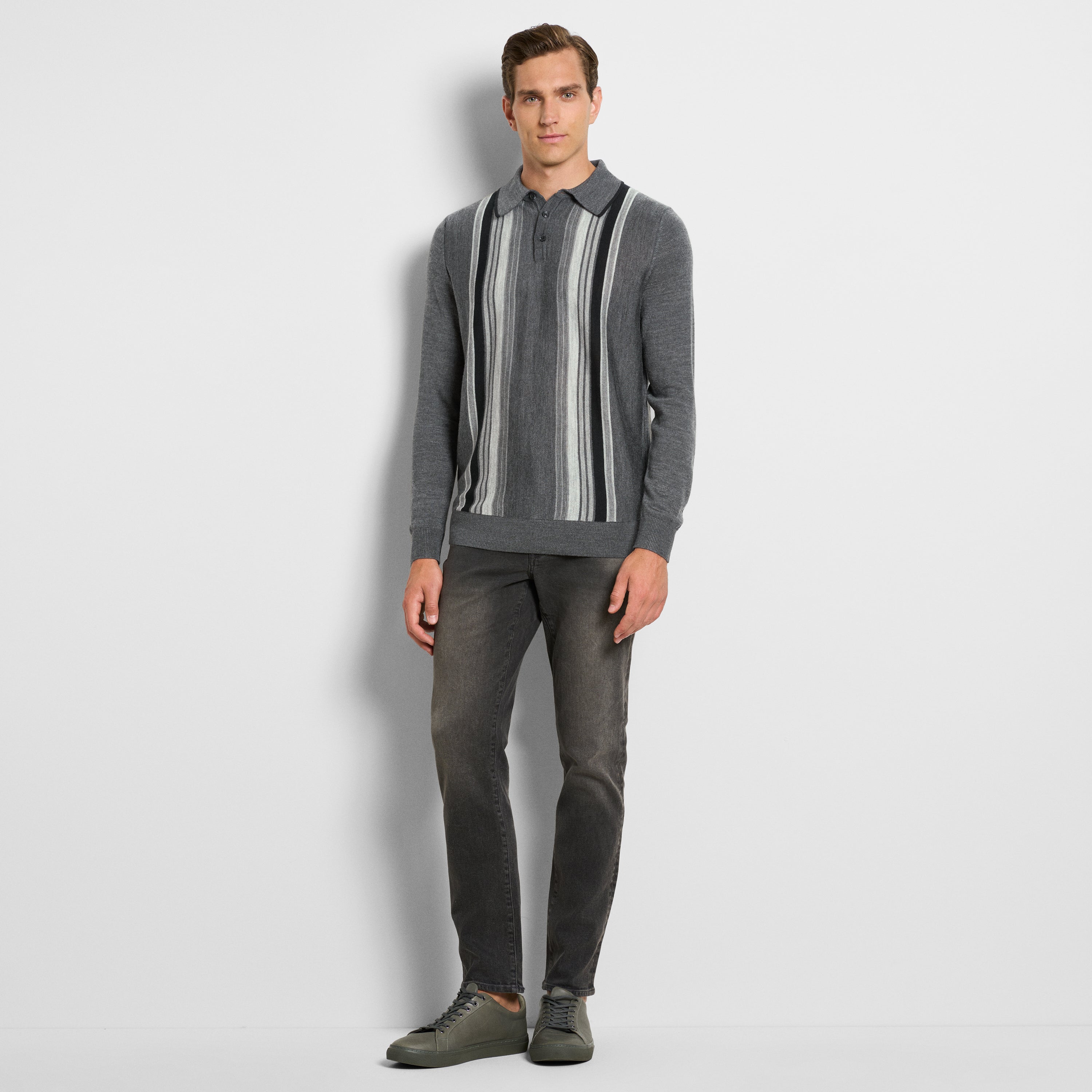 Essential Vertical Stripe Long Sleeve Sweater Polo