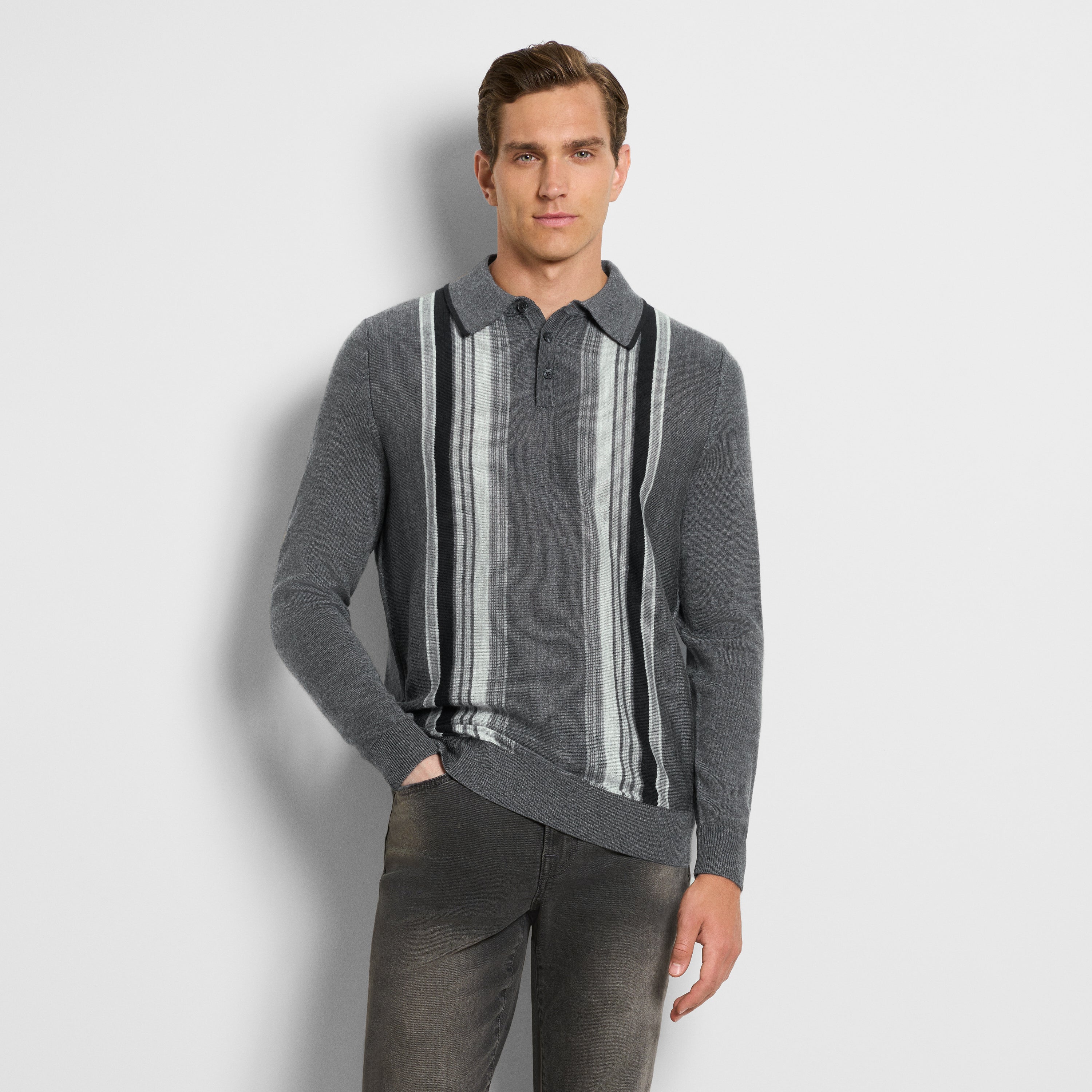 Essential Vertical Stripe Long Sleeve Sweater Polo