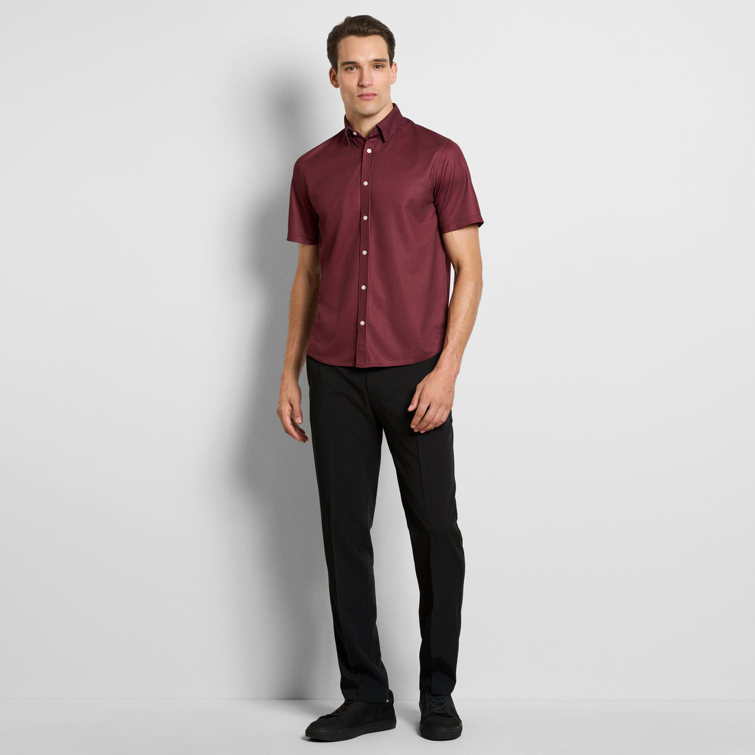 Slim Fit Performance Knit Short Sleeve Mini Dot Print Button Up Shirt