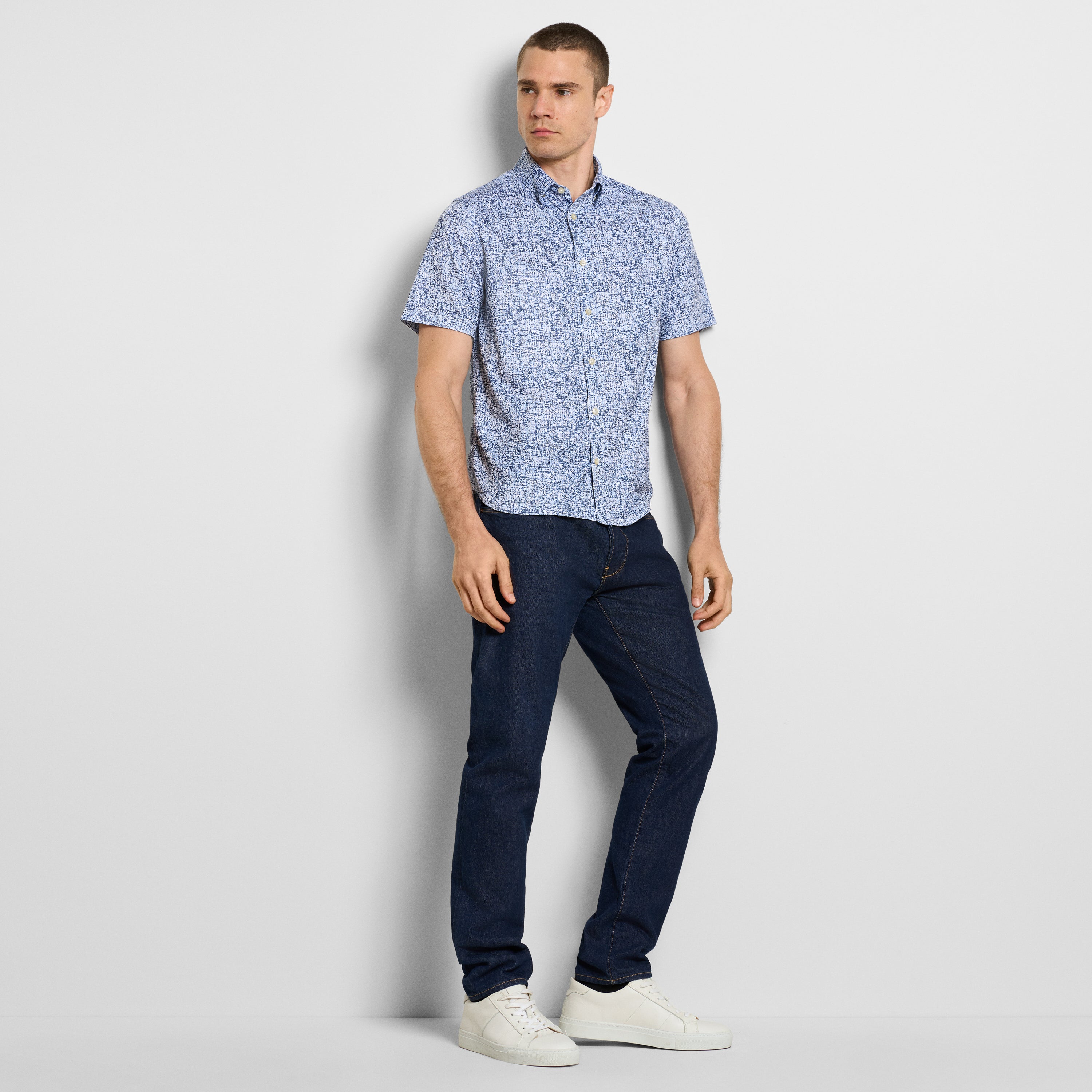 Slim Fit Performance Knit Short Sleeve Abstract Print Button Up Shirt