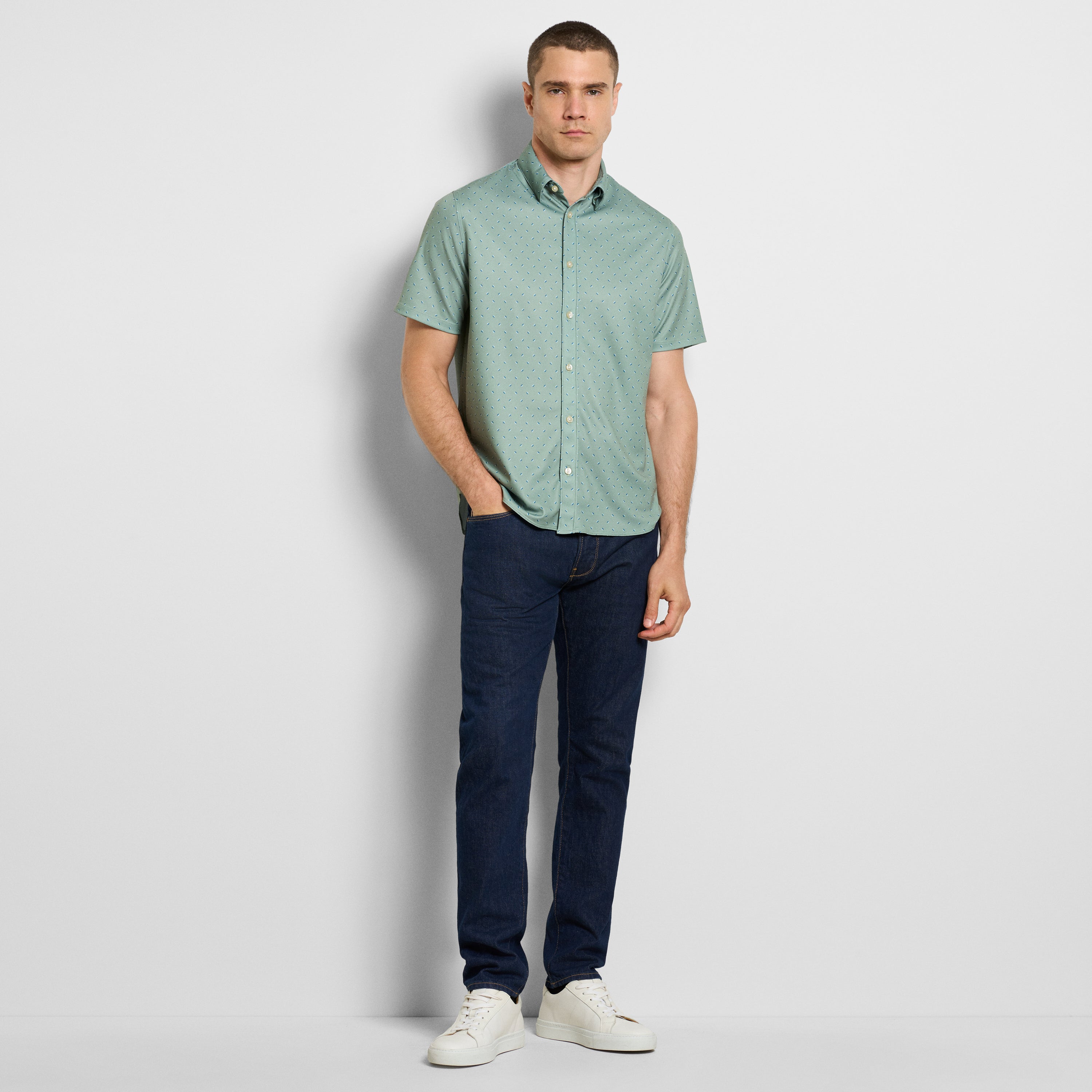 Slim Fit Performance Knit Short Sleeve Match Print Button Up Shirt