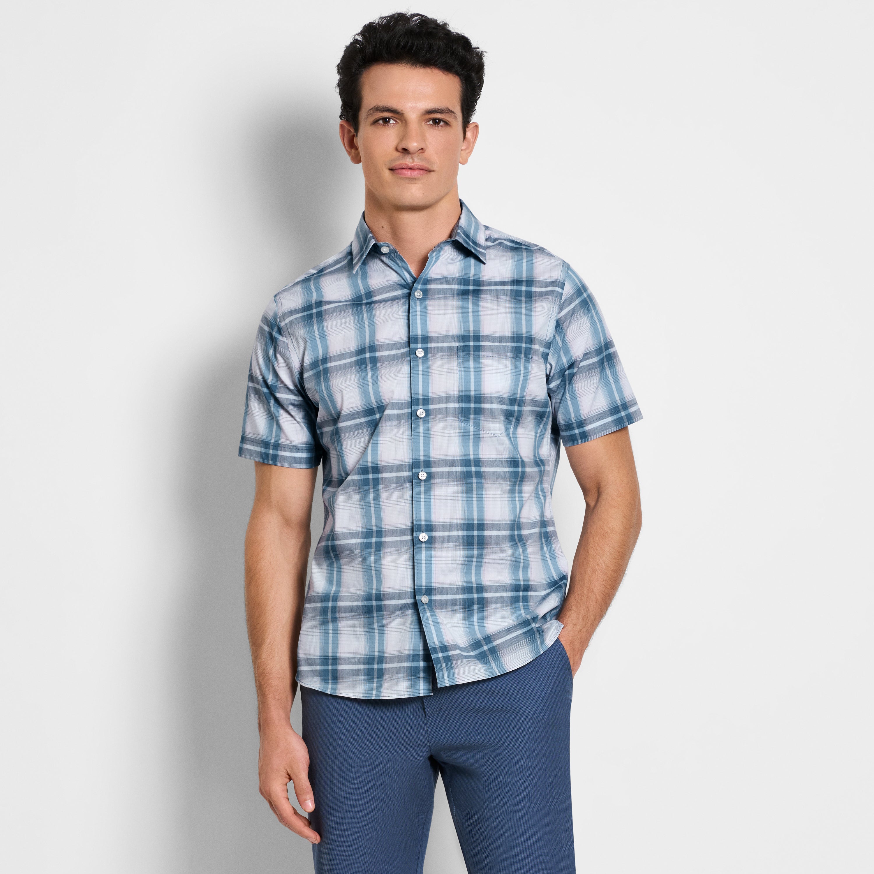 Folsen Short Sleeve Stain Shield Large Blue Plaid - Slim Fit