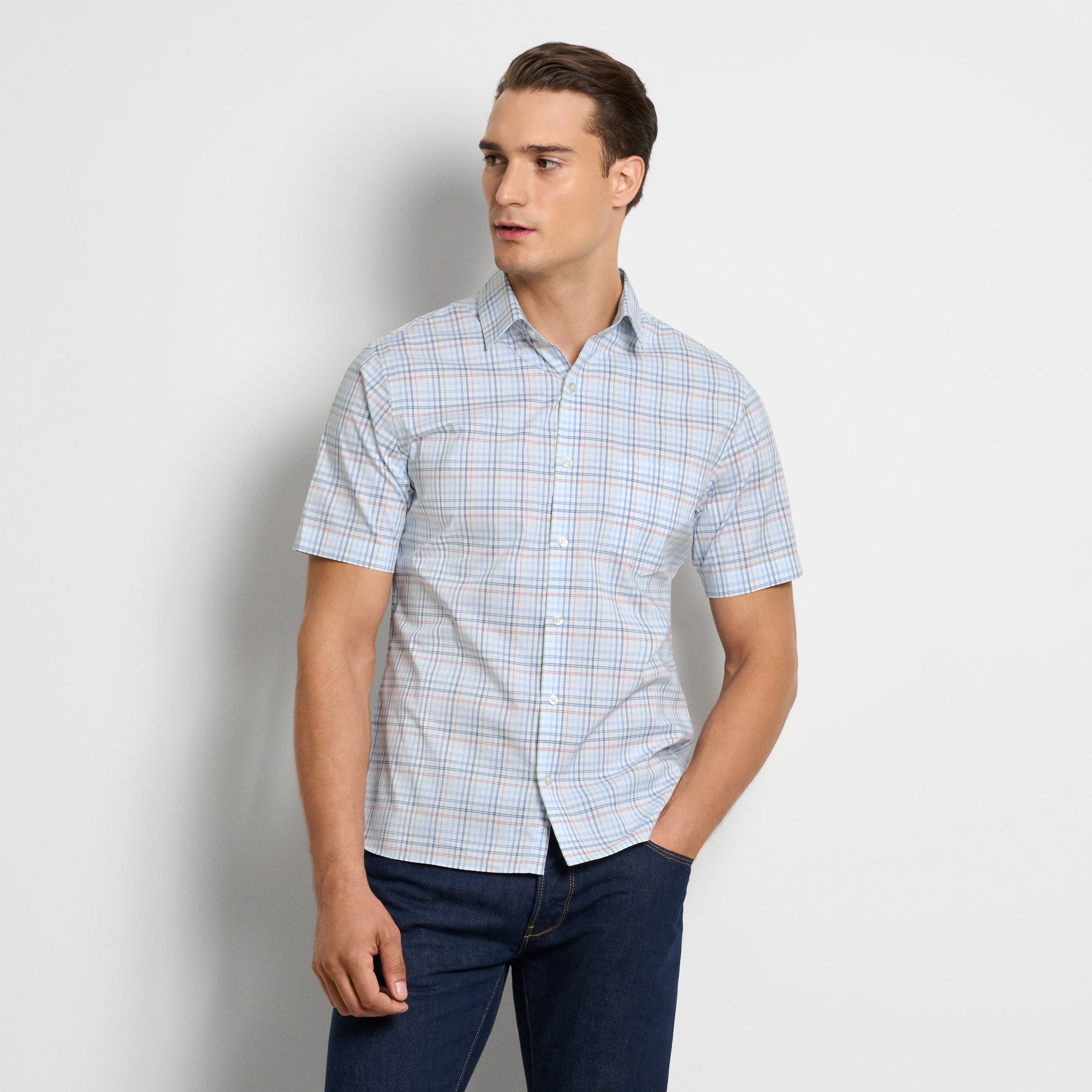 Folsen Short Sleeve Stain Shield Tattersall Print Shirt - Slim Fit