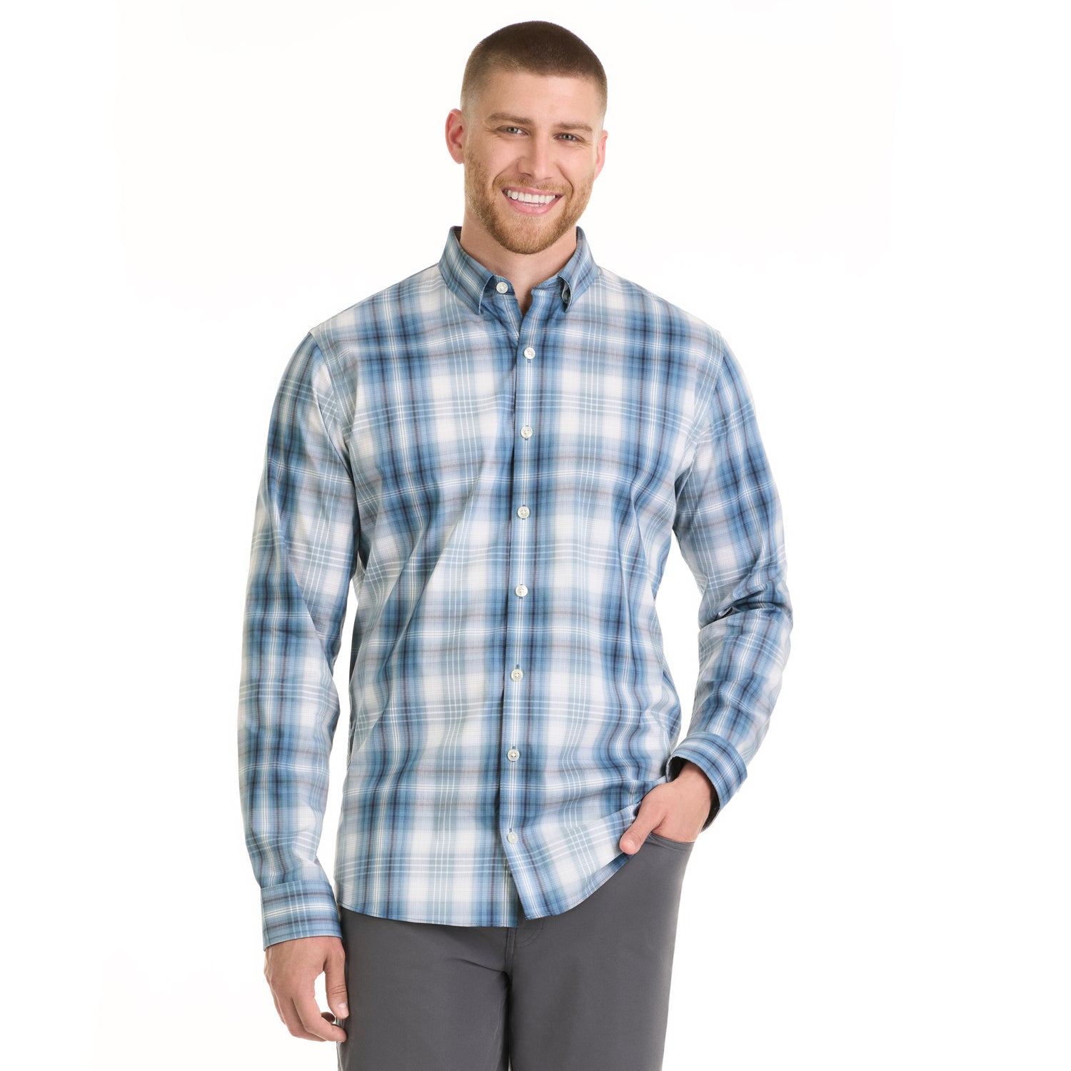 Essential Stain Shield Shadow Plaid Long Sleeve Button Up Top – Big and Tall