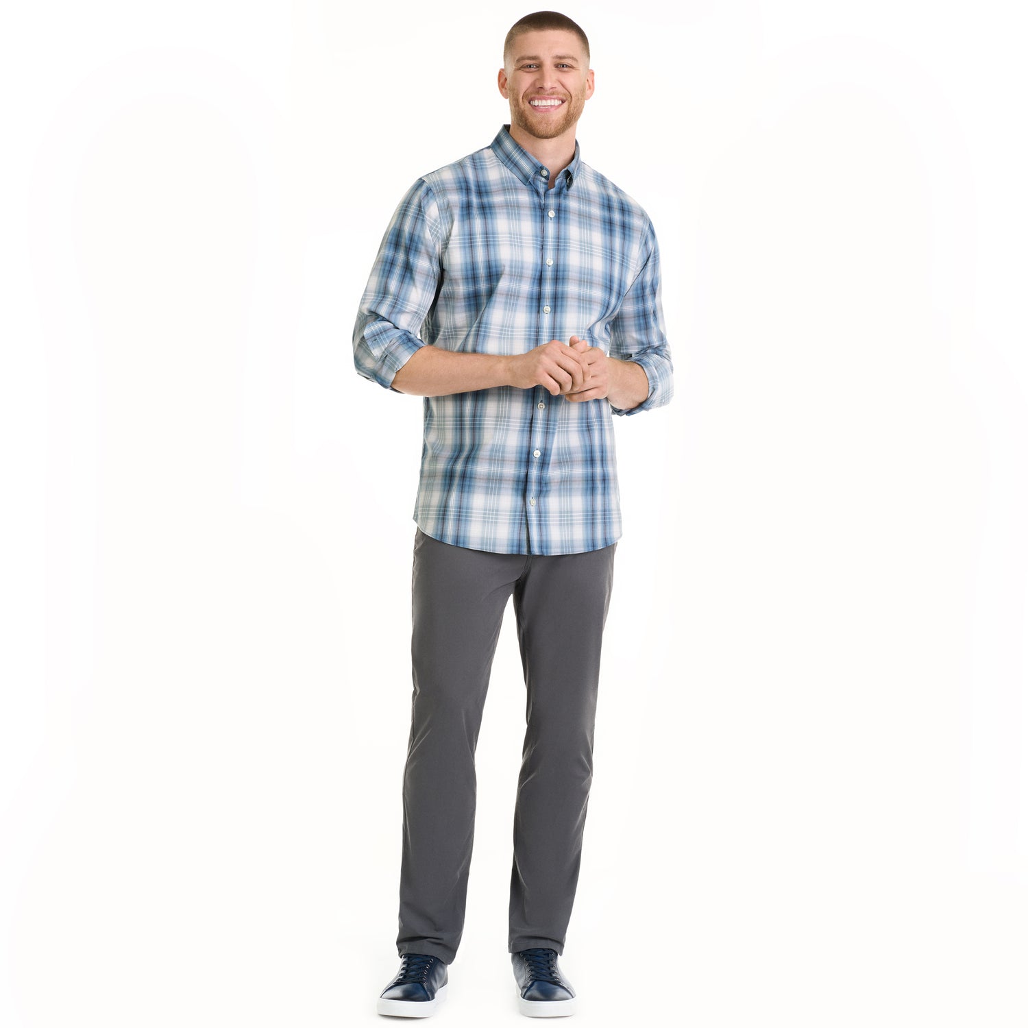 Essential Stain Shield Shadow Plaid Long Sleeve Button Up Top – Big and Tall