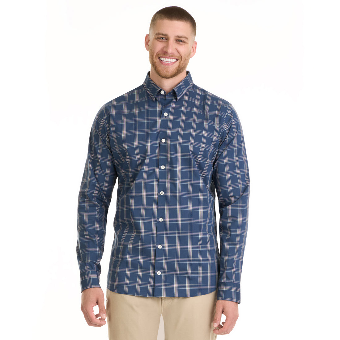 Essential Stain Shield Long Sleeve Wovens Open Grid Print- Big &amp; Tall
