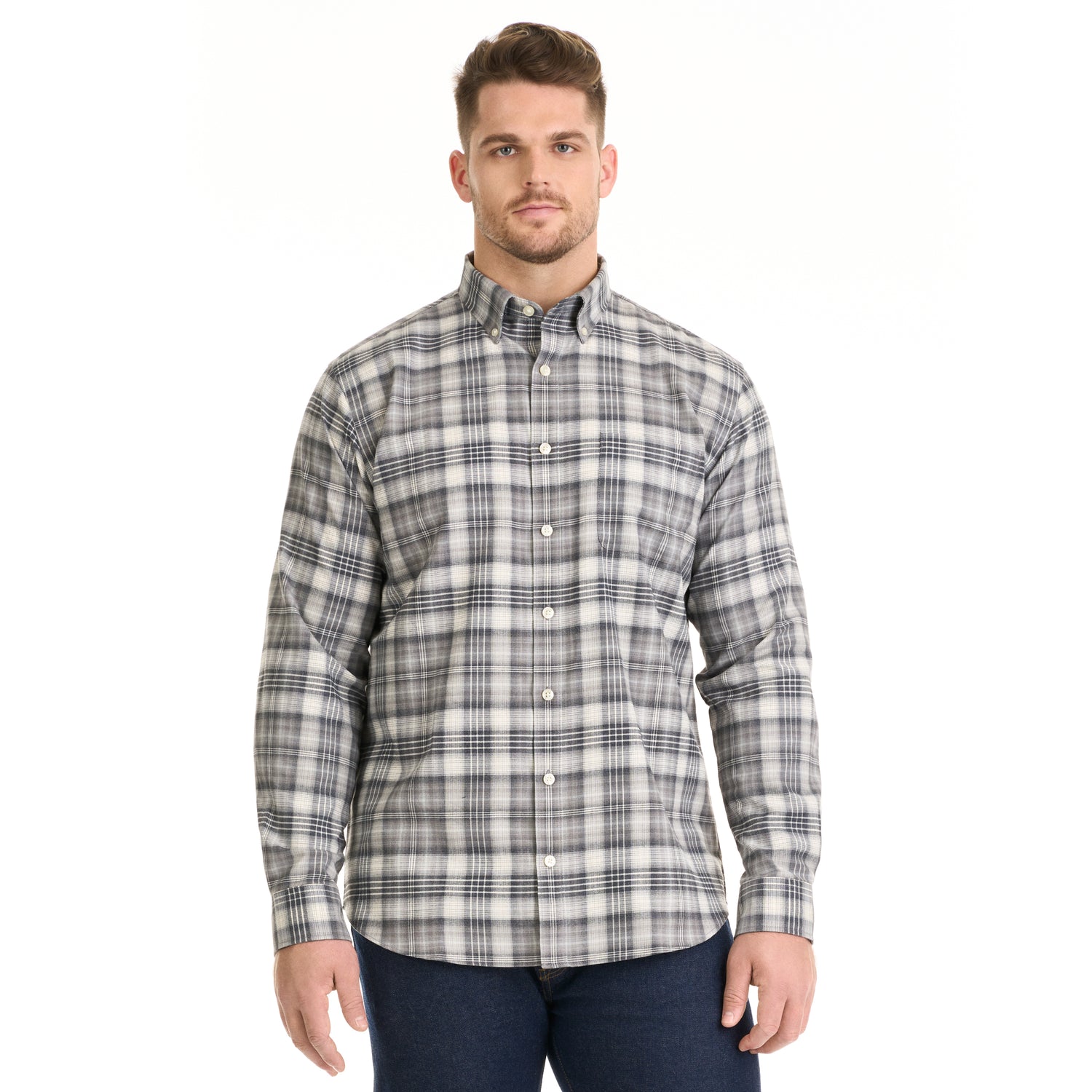 Weekend Twill Ombre Plaid Long Sleeve Button Up Top – Big and Tall