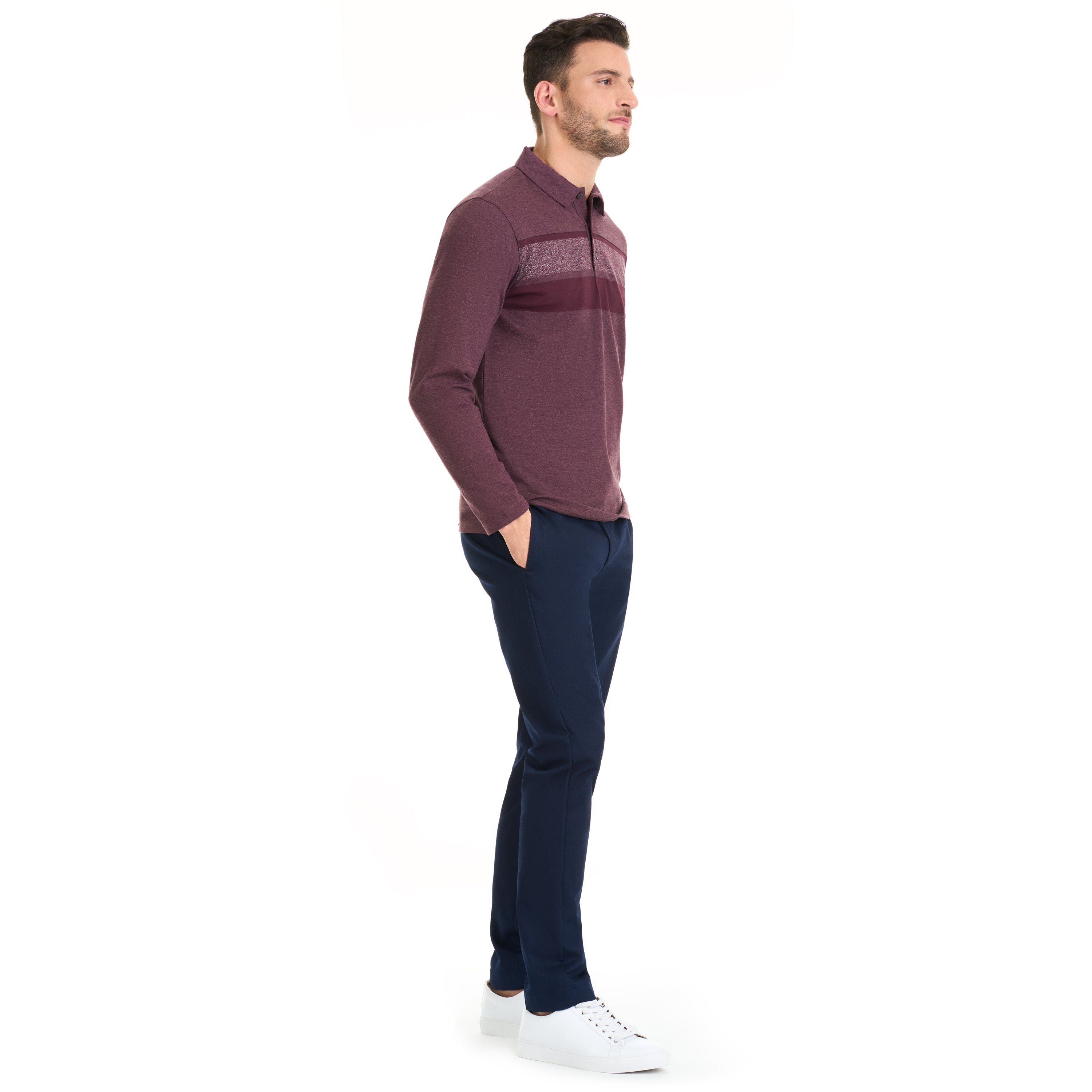 Essential Marled Chest Stripe Stain Shield Long Sleeve Polo