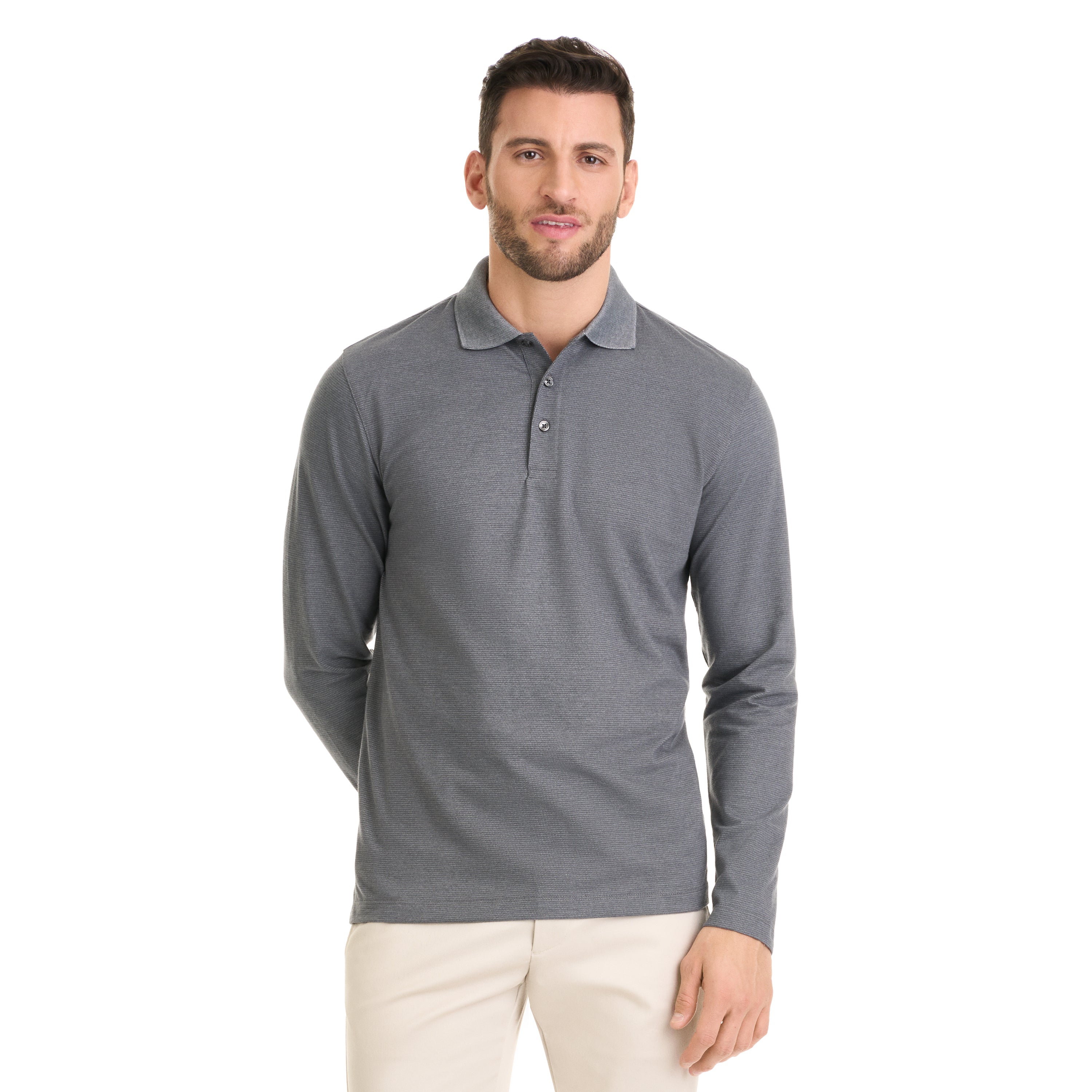 Essential Birdseye Stripe Stain Shield Long Sleeve Polo – Regular Fit