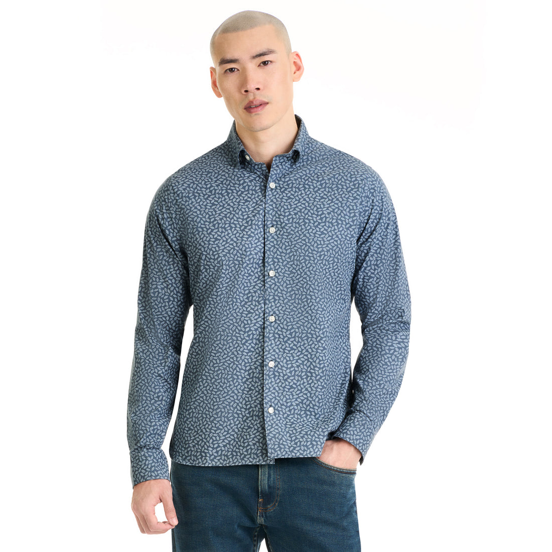 Essential Stain Shield Shirt Long Sleeve Wovens Gingham Leaf Print - Slim Fit