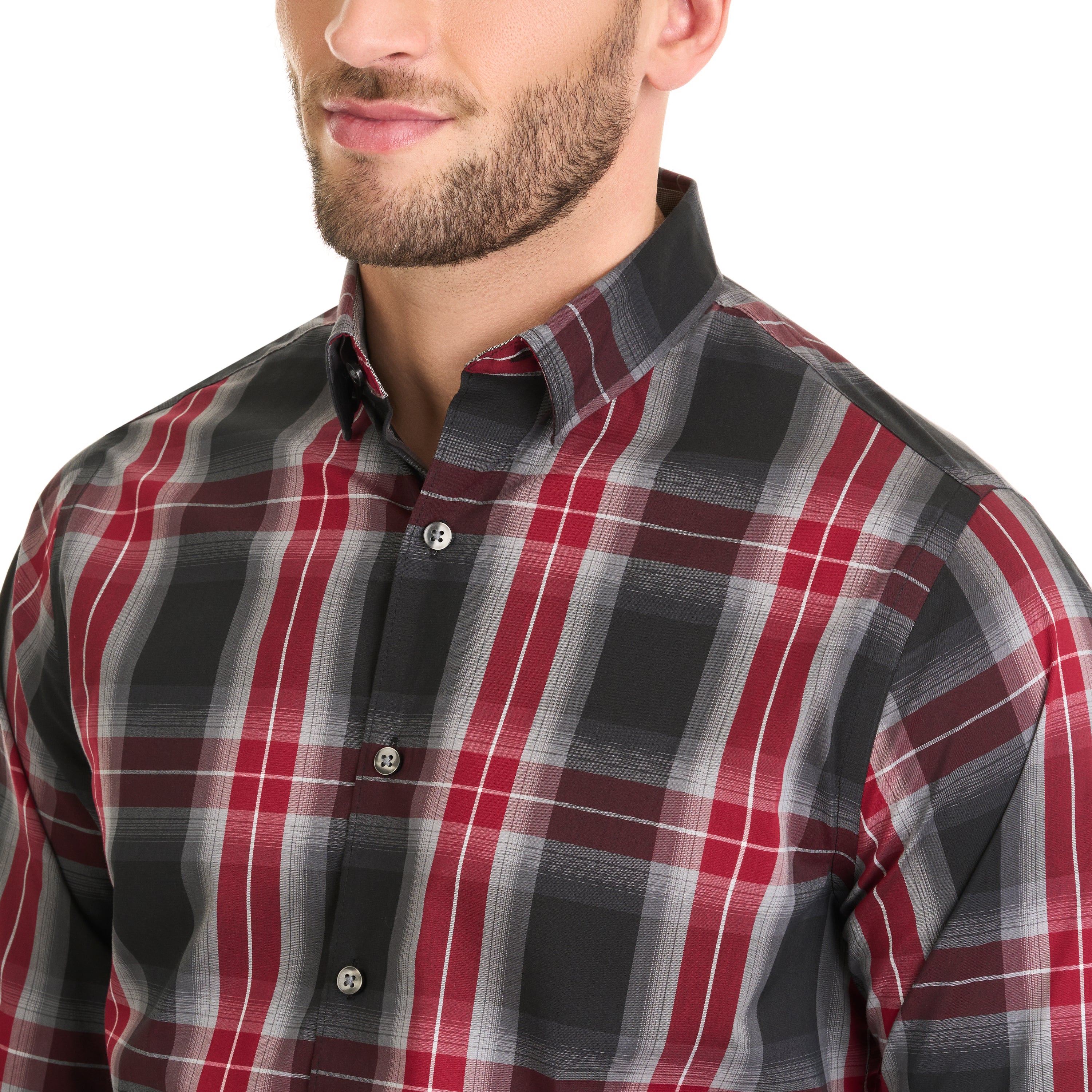 Essential Stain Shield Shirt Long Sleeve Wovens Charcoal Plaid Print - Slim Fit