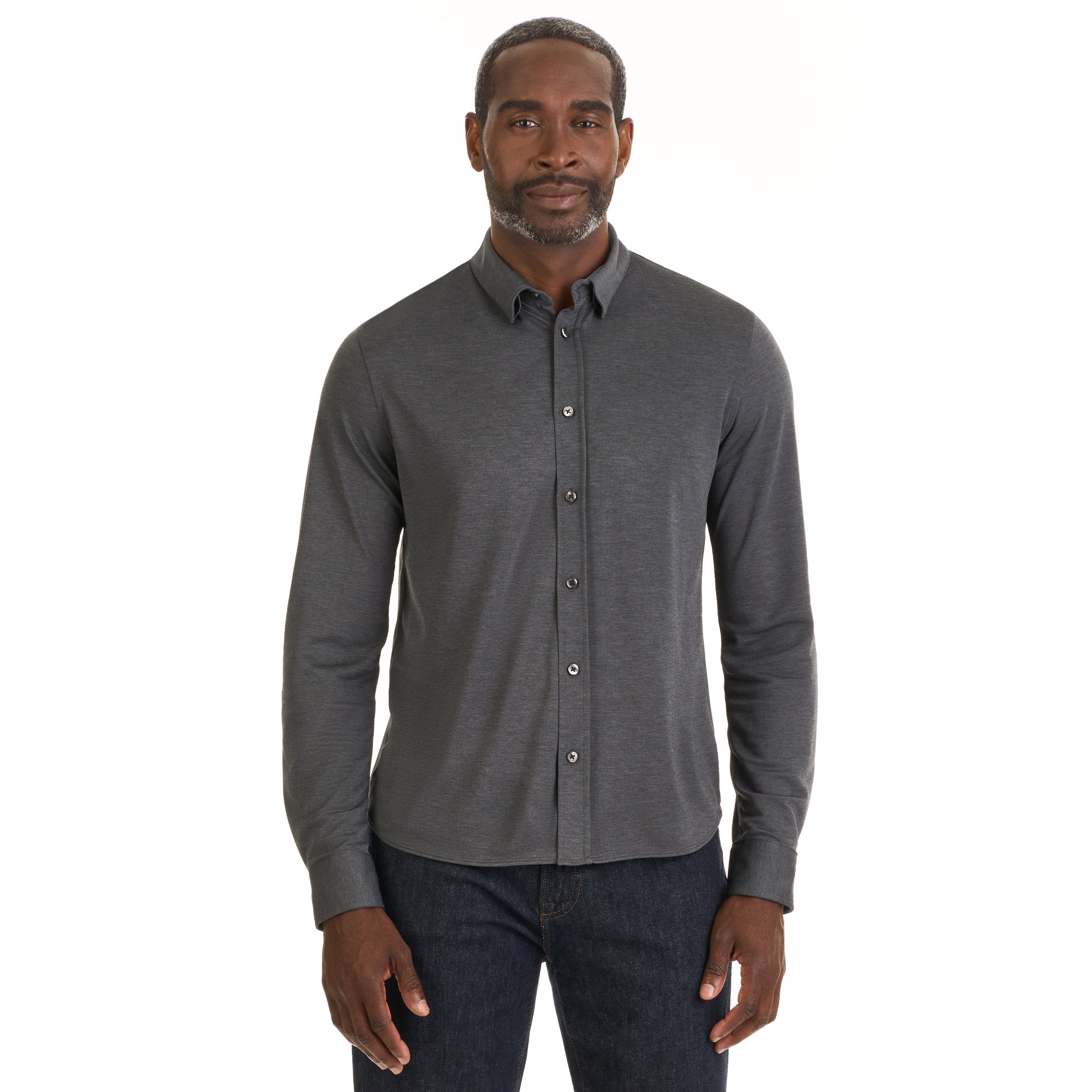 Performance Knit Solid Long Sleeve Button Up Top – Slim Fit
