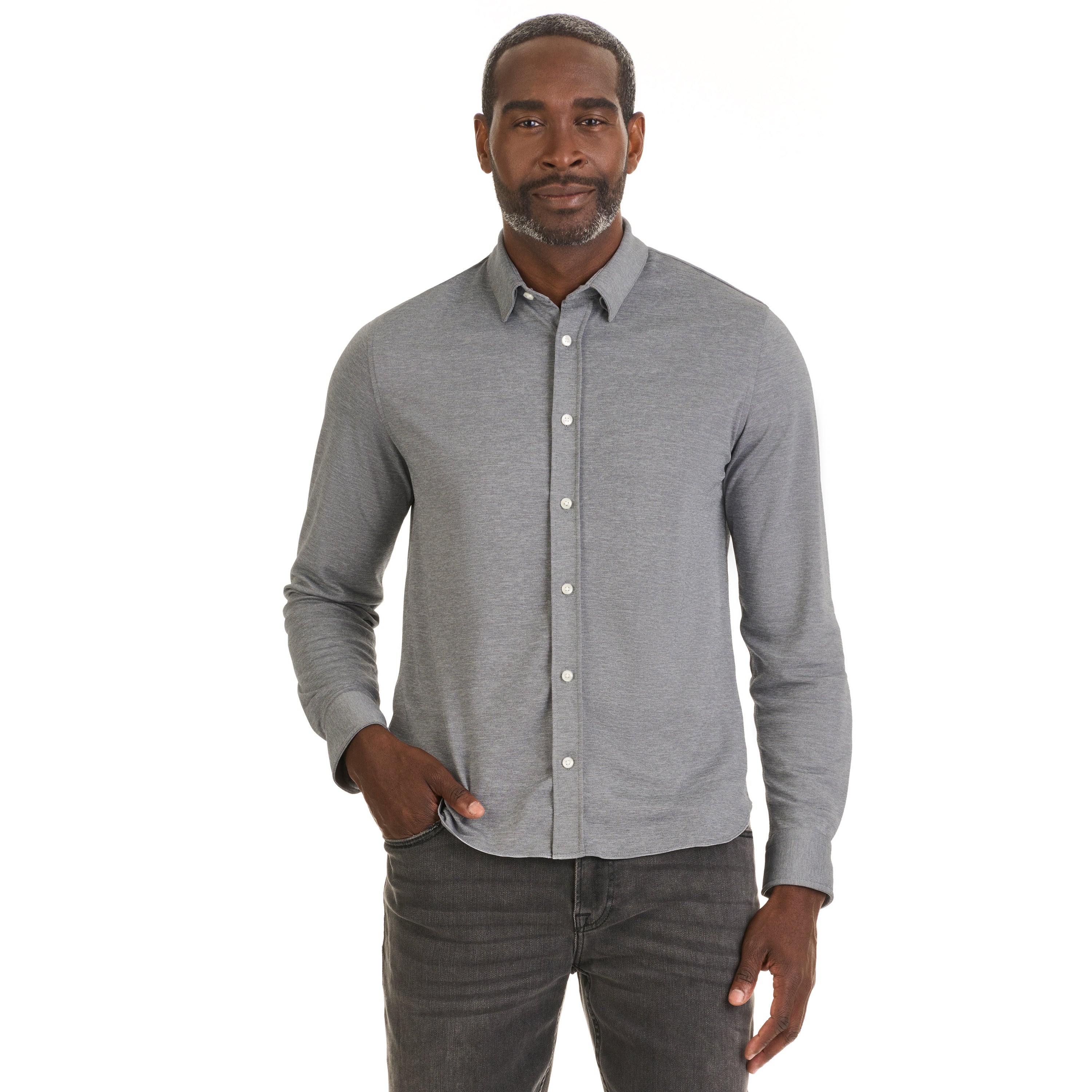 Performance Knit Solid Long Sleeve Button Up Top – Slim Fit