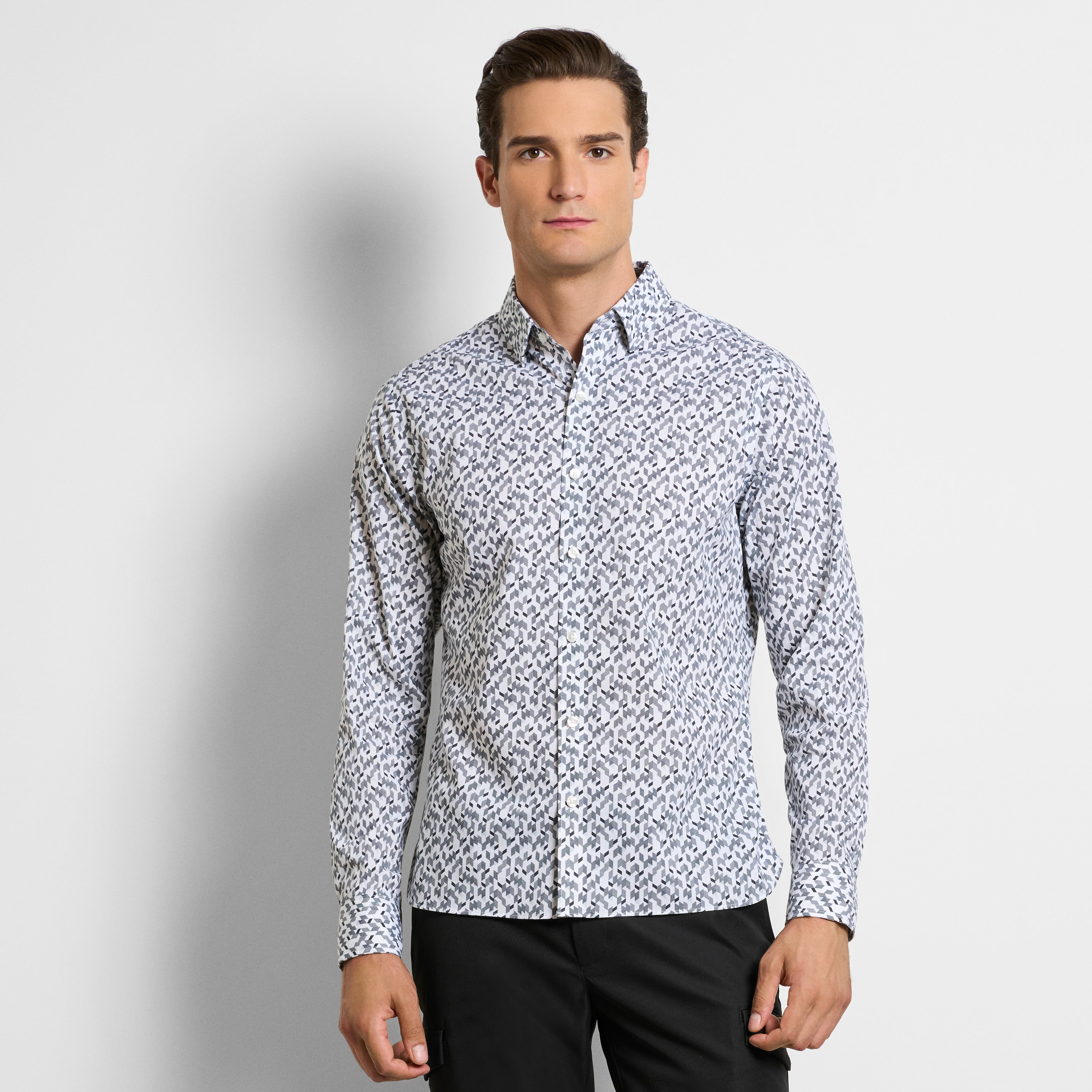 Cronbie Long Sleeve Stain Shield Shirt New Geo Print - Slim Fit