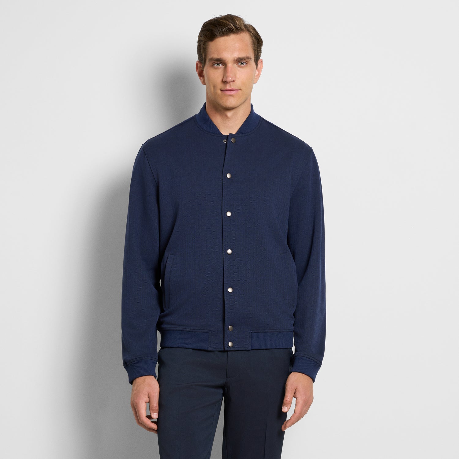 Herringbone Stretch Knit Snap Front Bomber Jacket