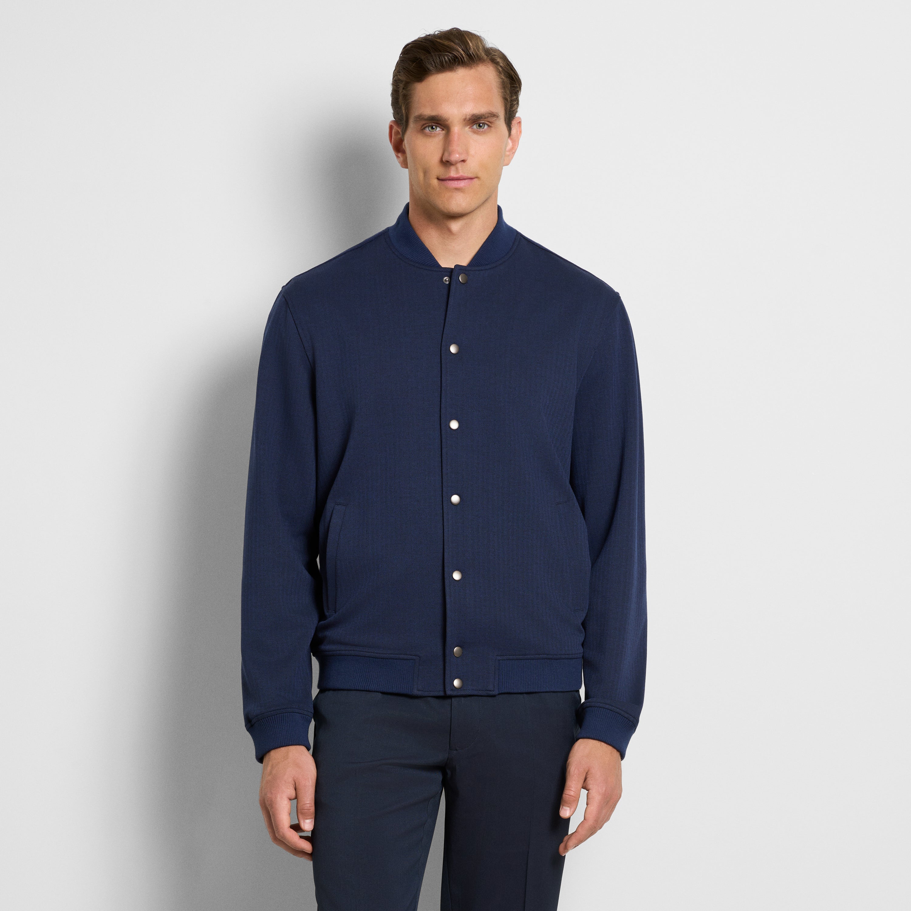 Herringbone Stretch Knit Snap Front Bomber Jacket