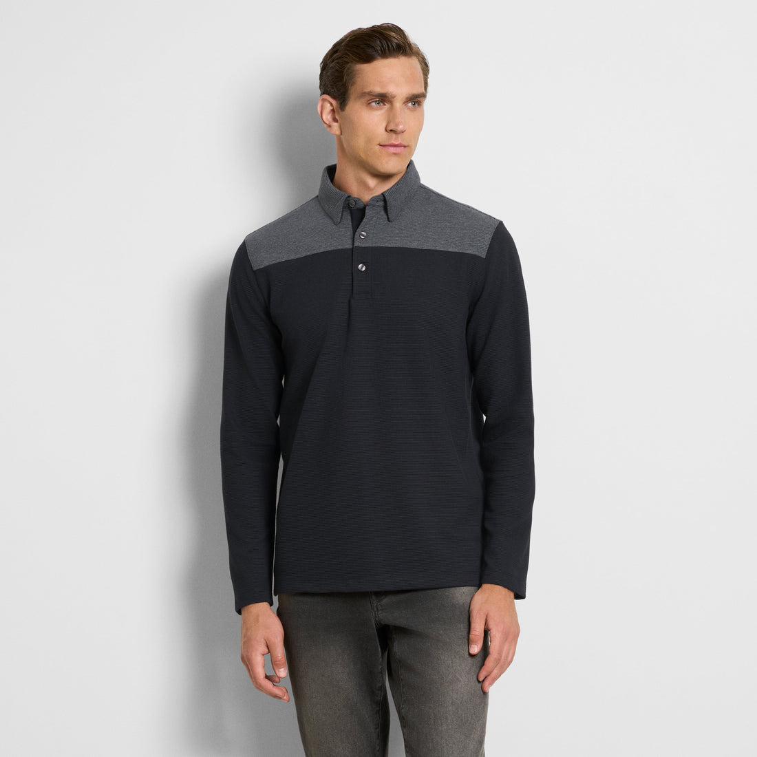 Regular Fit Essential Ottoman Blocked Long Sleeve Polo