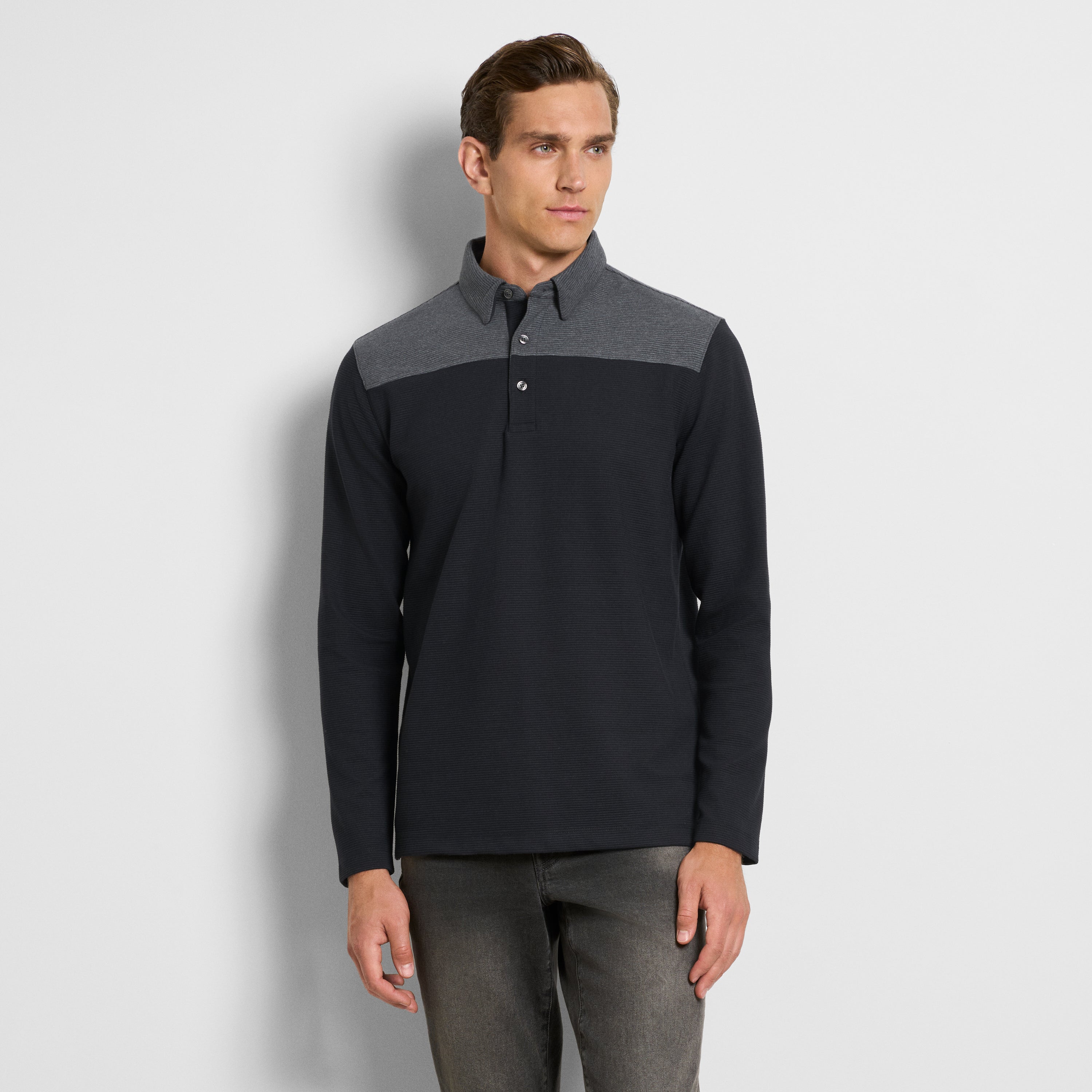 Regular Fit Essential Ottoman Blocked Long Sleeve Polo