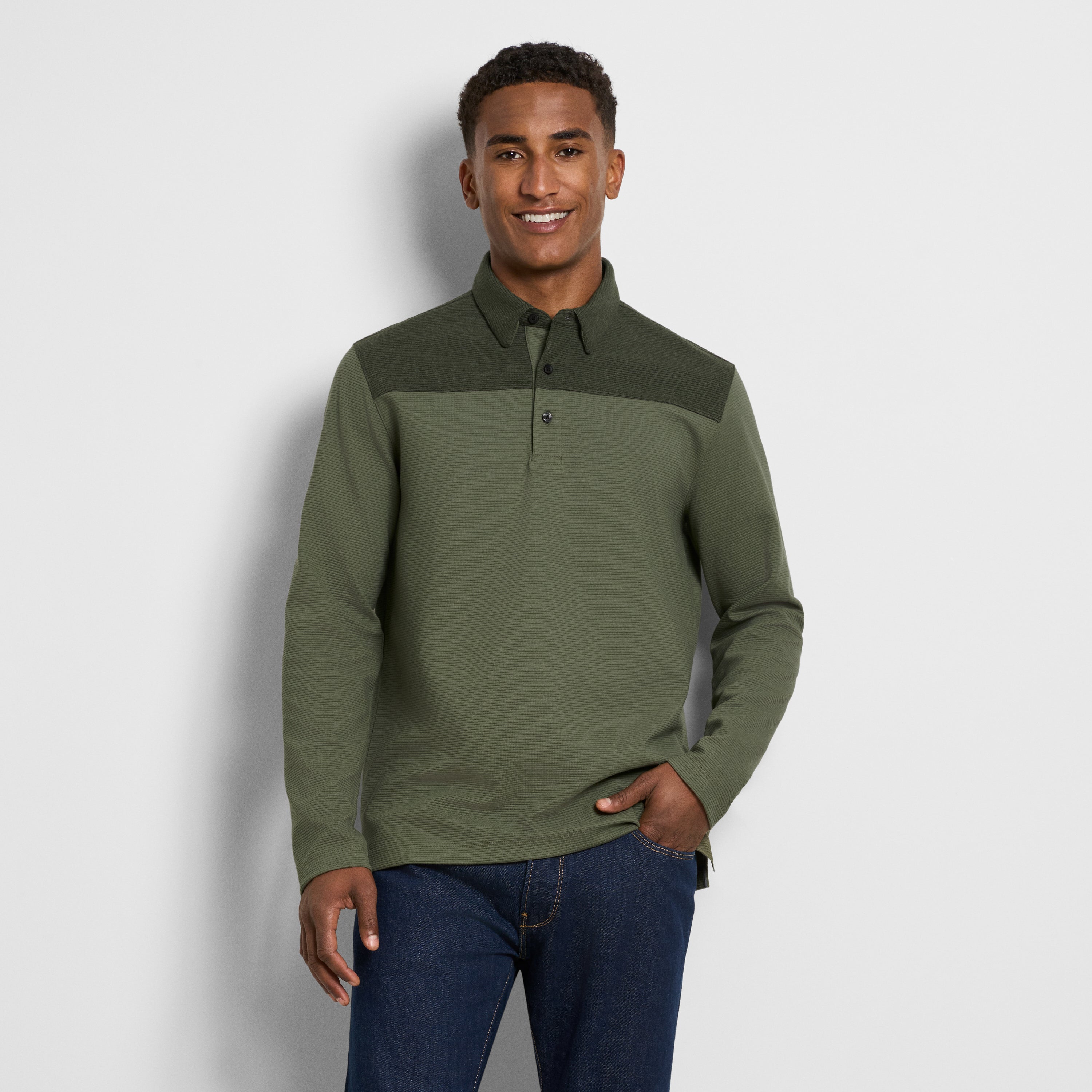 Regular Fit Essential Ottoman Blocked Long Sleeve Polo