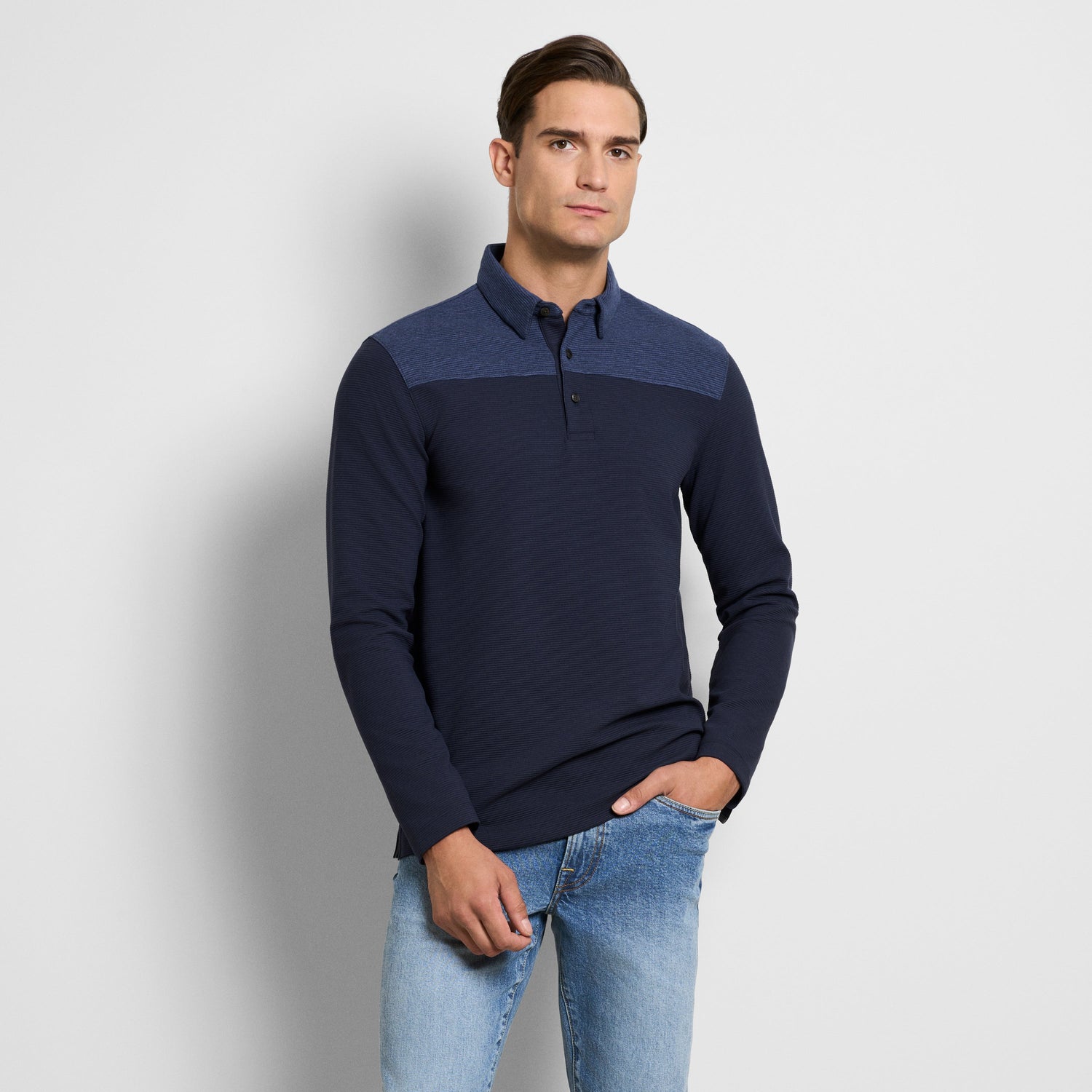 Regular Fit Essential Ottoman Blocked Long Sleeve Polo