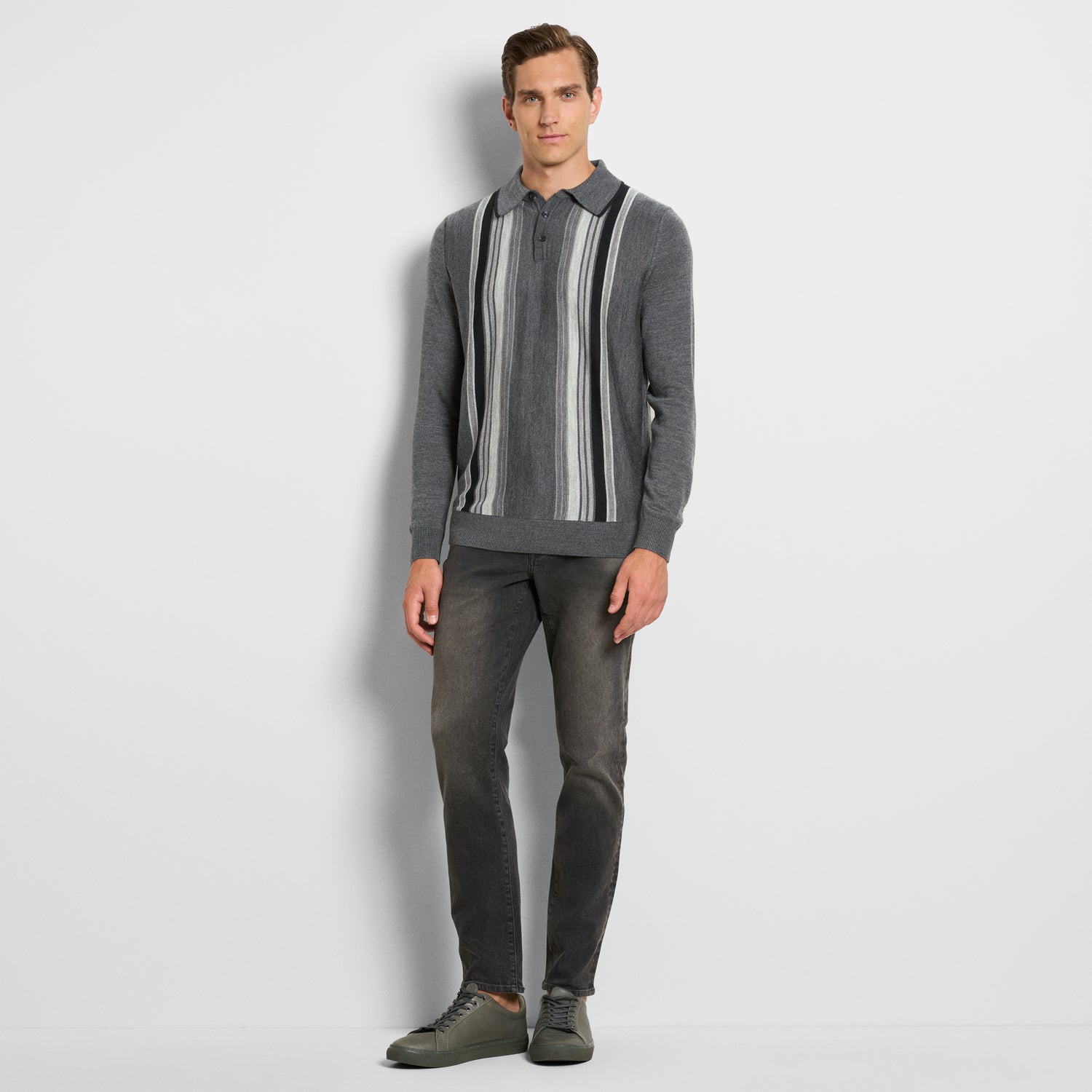 Essential Vertical Stripe Long Sleeve Sweater Polo