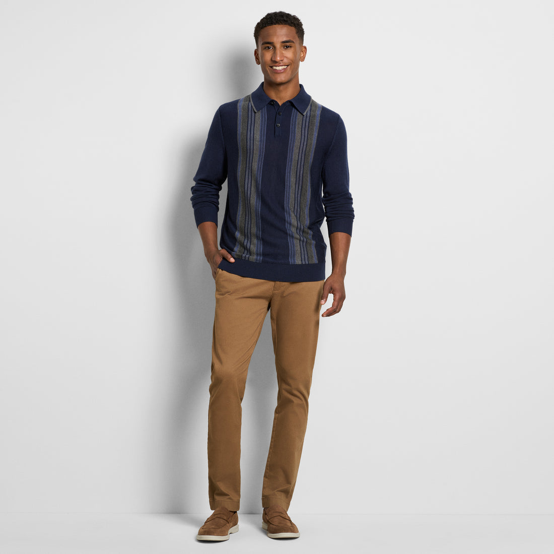 Essential Vertical Stripe Long Sleeve Sweater Polo