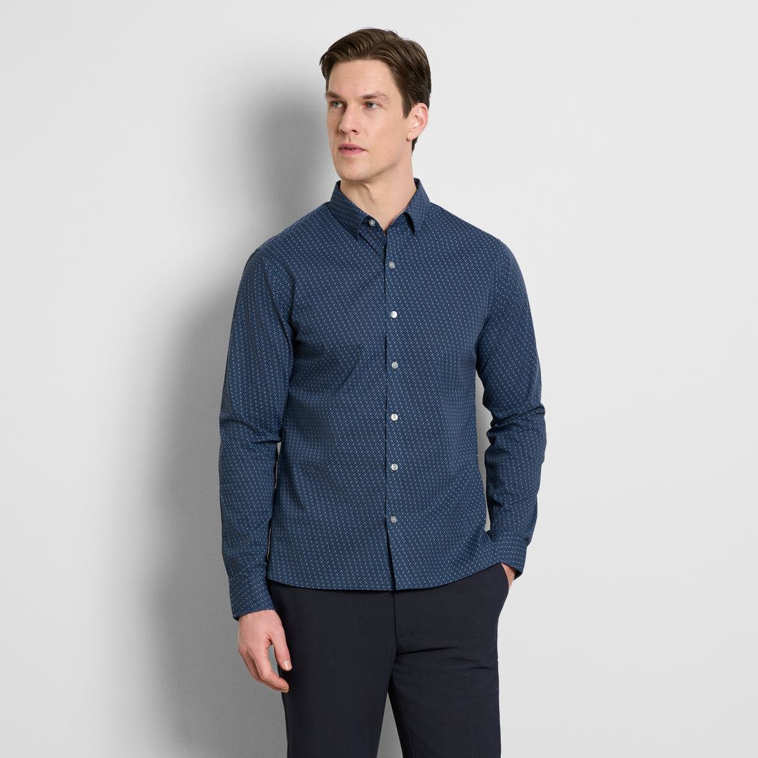 Cronbie Long Sleeve Stain Shield Shirt Herringbone Print - Slim Fit