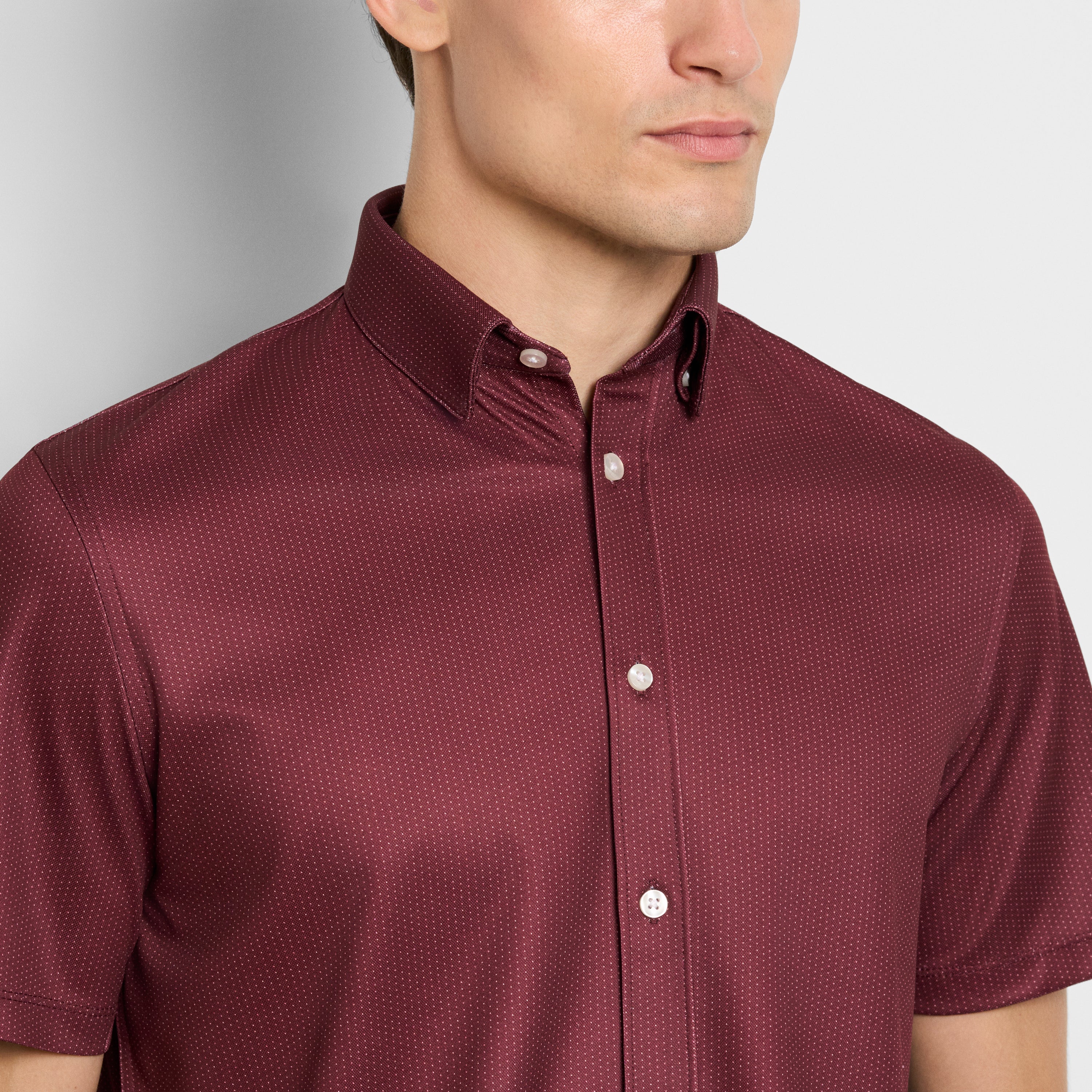 Slim Fit Performance Knit Short Sleeve Mini Dot Print Button Up Shirt