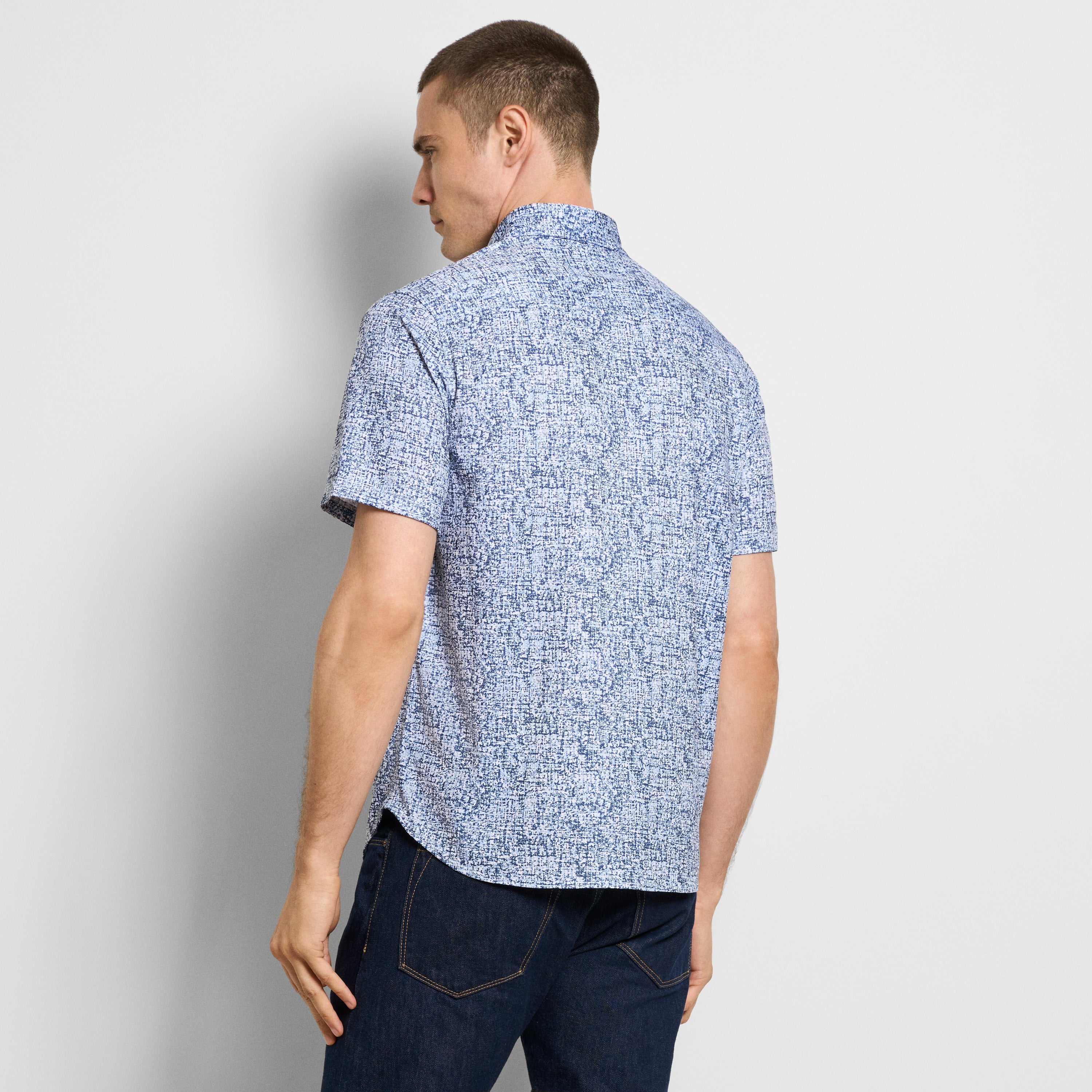 Slim Fit Performance Knit Short Sleeve Abstract Print Button Up Shirt