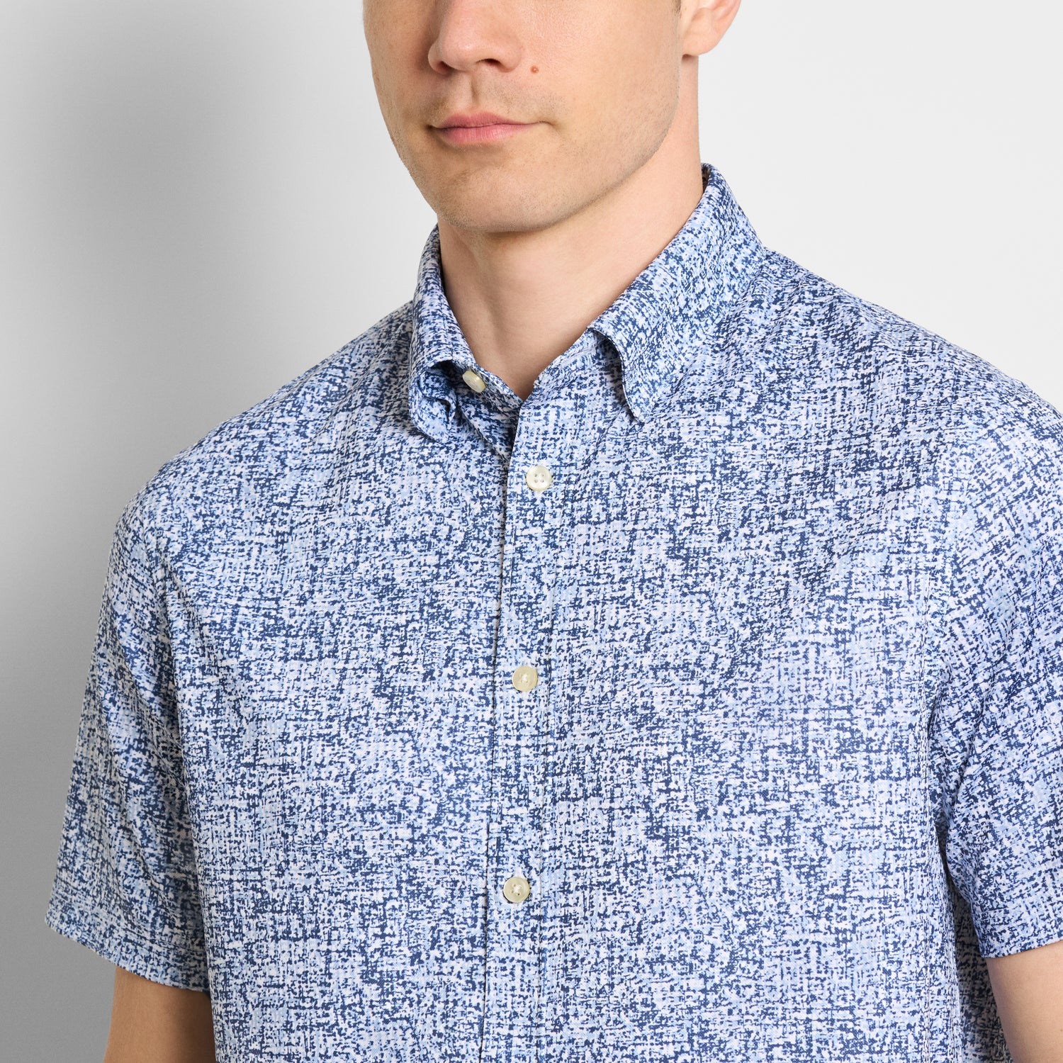 Slim Fit Performance Knit Short Sleeve Abstract Print Button Up Shirt