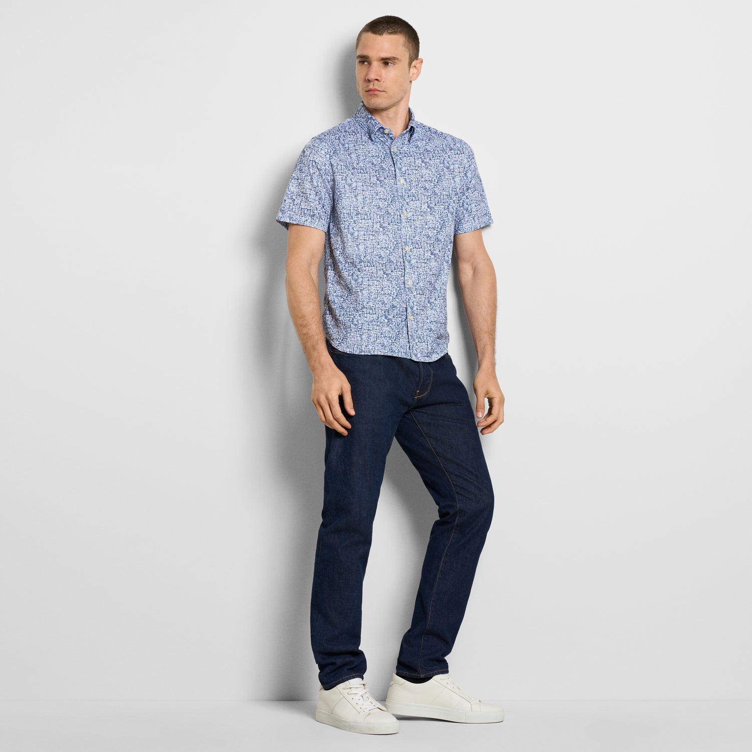 Slim Fit Performance Knit Short Sleeve Abstract Print Button Up Shirt