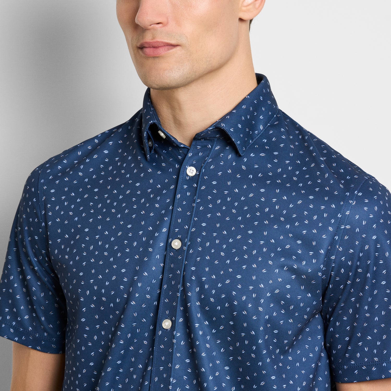 Slim Fit Performance Knit Short Sleeve Leaf Print Button Up Shirt