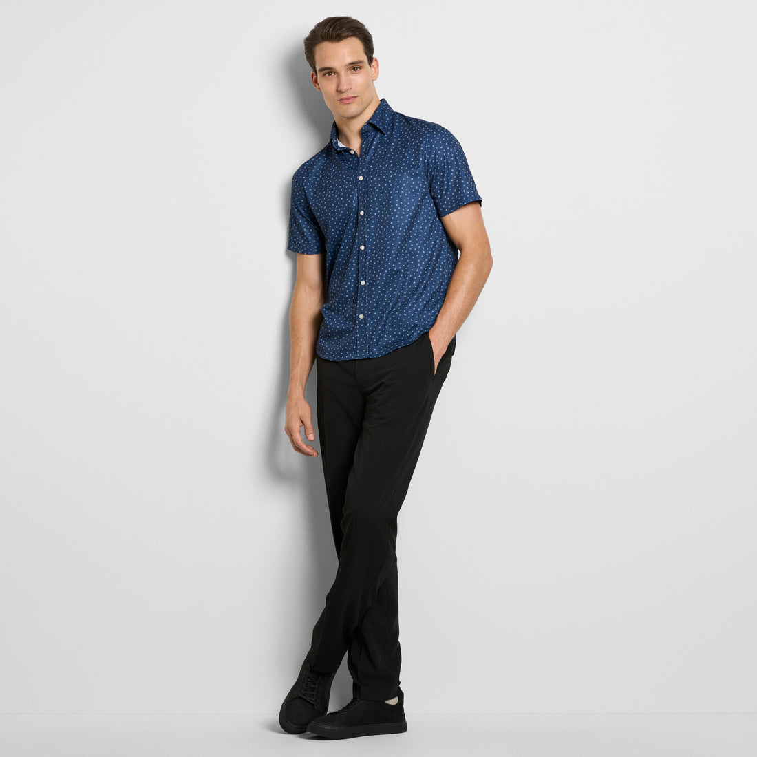 Slim Fit Performance Knit Short Sleeve Leaf Print Button Up Shirt