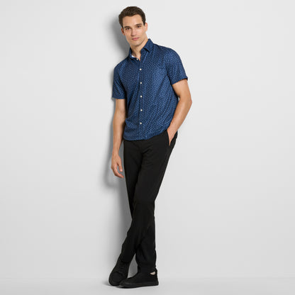 Slim Fit Performance Knit Short Sleeve Leaf Print Button Up Shirt