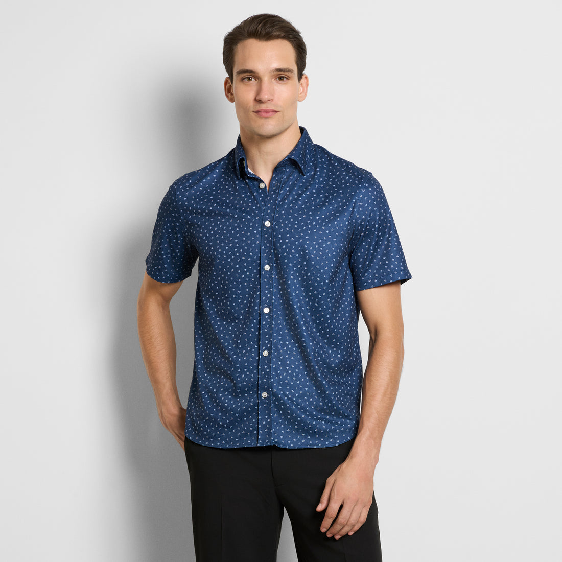 Slim Fit Performance Knit Short Sleeve Leaf Print Button Up Shirt