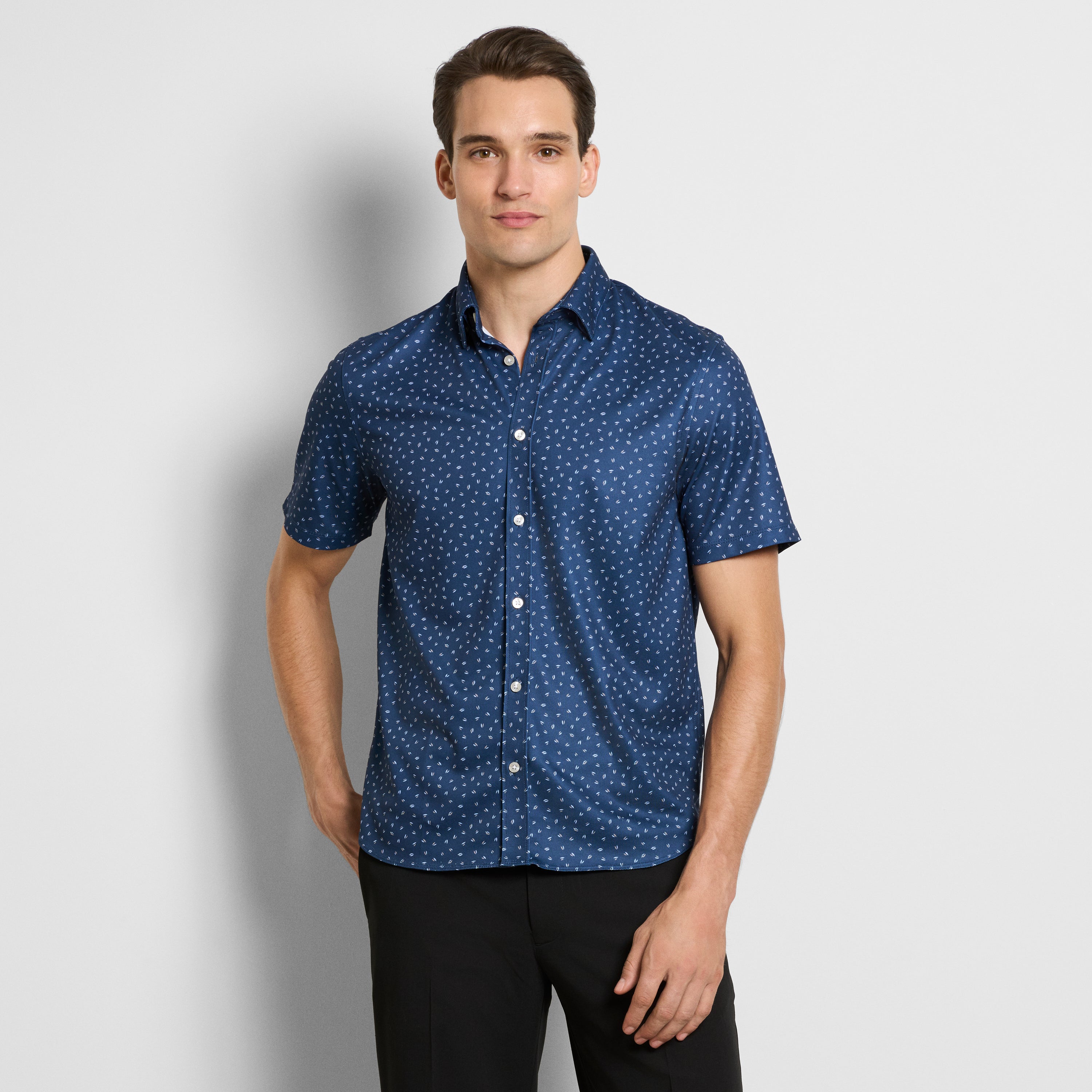 Slim Fit Performance Knit Short Sleeve Leaf Print Button Up Shirt