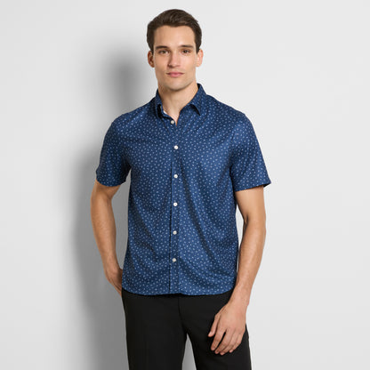 Slim Fit Performance Knit Short Sleeve Leaf Print Button Up Shirt