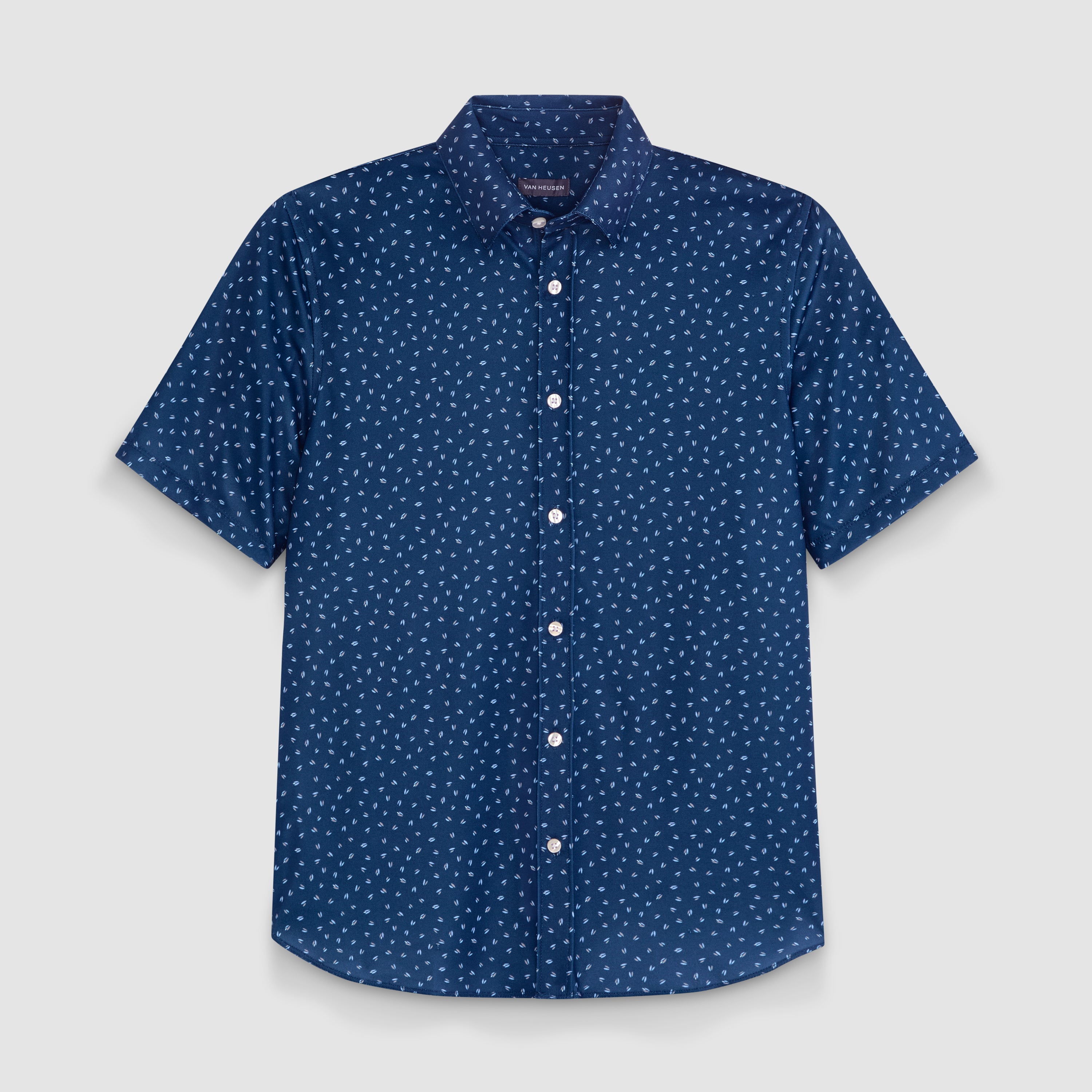 Slim Fit Performance Knit Short Sleeve Leaf Print Button Up Shirt