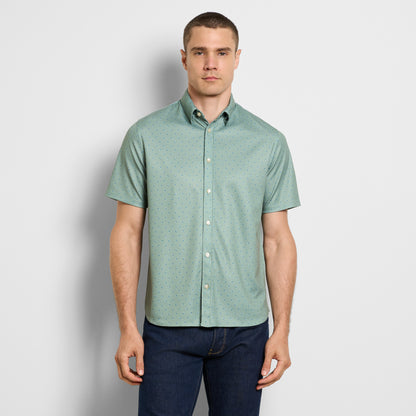 Slim Fit Performance Knit Short Sleeve Match Print Button Up Shirt