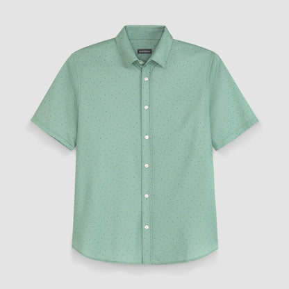 Slim Fit Performance Knit Short Sleeve Match Print Button Up Shirt