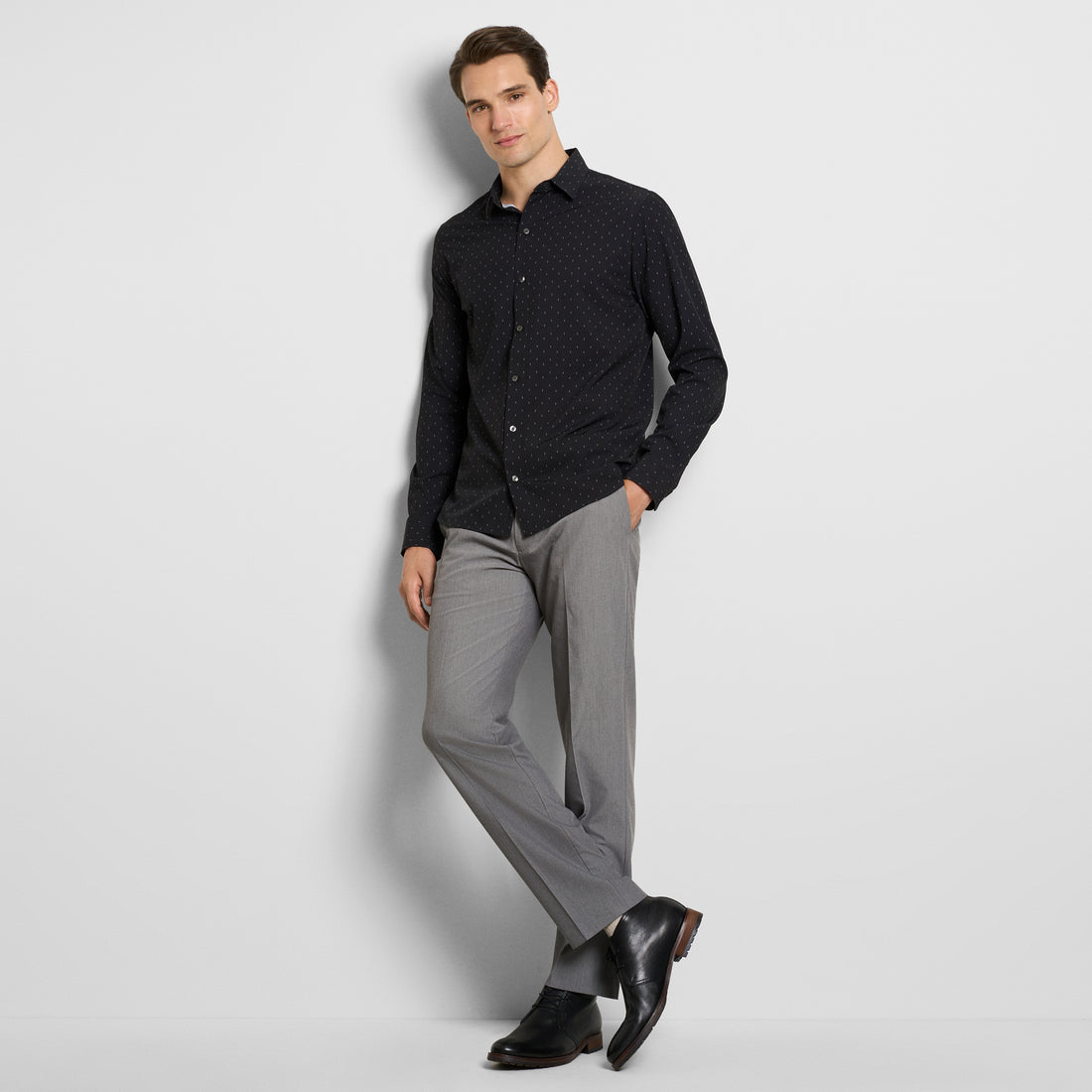 Performance All-Way Stretch Dot Print Long Sleeve Shirt - Slim Fit