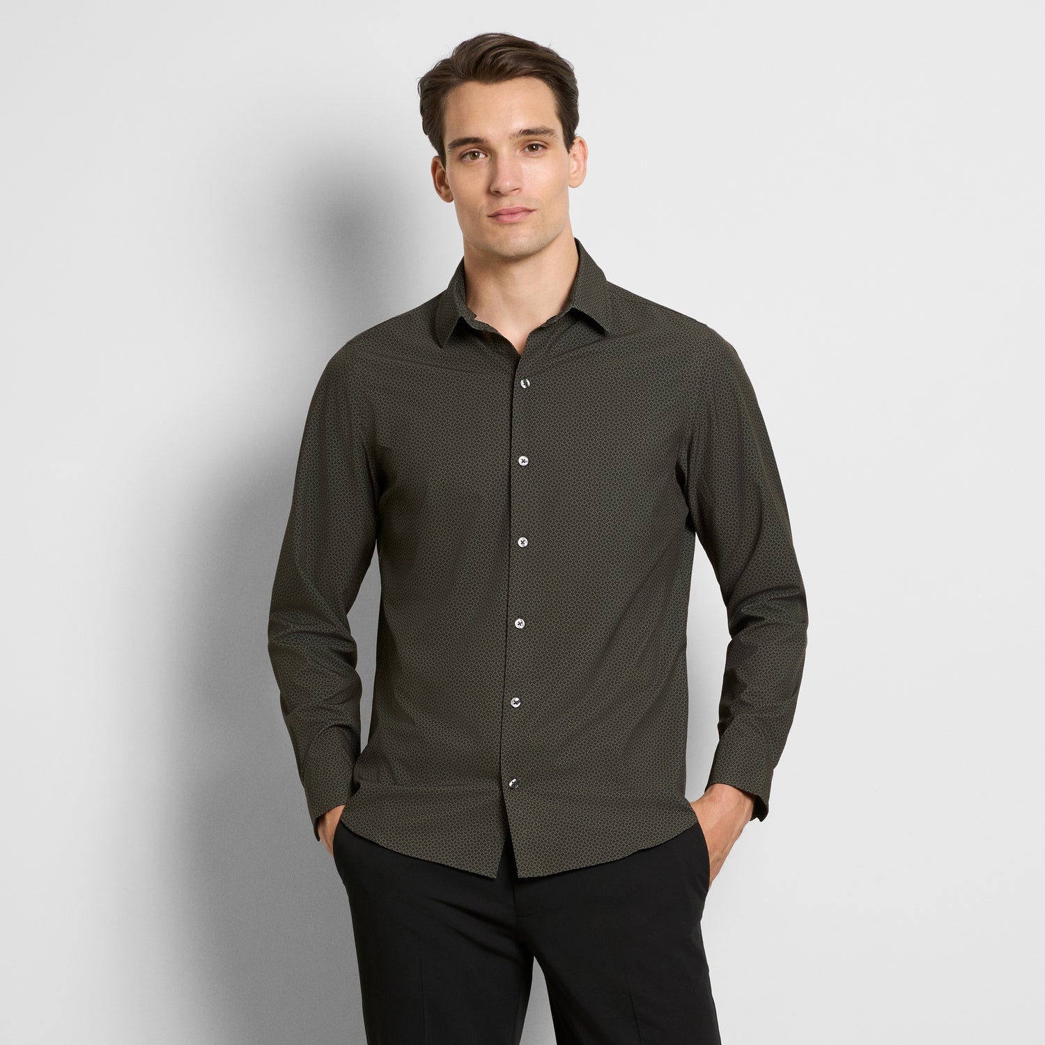 Performance All-Way Stretch Geo Print Long Sleeve Shirt - Slim Fit Van Heusen Performance All-Way Stretch Geo Print Long Sleeve Shirt - Slim Fit Van Heusen